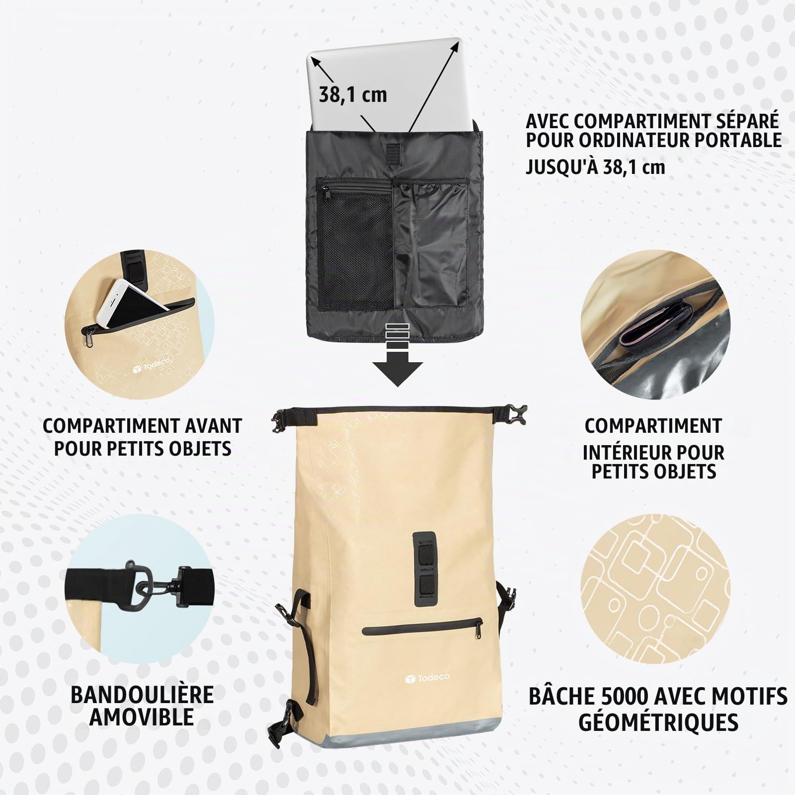 Todeco Sac à Dos de Vélo Sacoches de vélo pour Porte-Bagages 20L Beige | Sac à Dos étanche et Sacoche Bandoulière, Imperméable & Réfléchissante, Compartiment Ordinateur