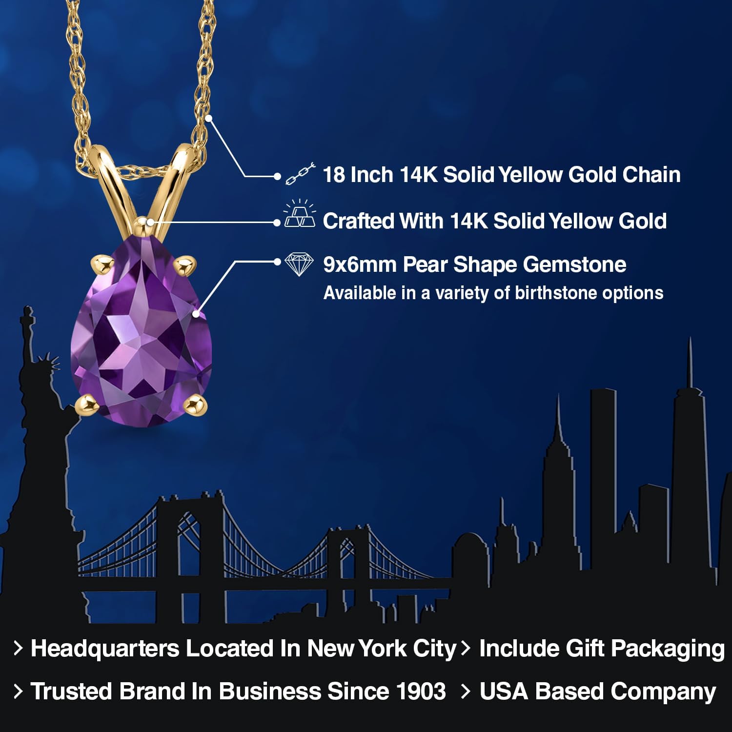 Gem Stone King Gemstone Birthstone Teardrop Pendant Necklace for Women | 14K Yellow Gold | Pear Shape 9X6MM | With 18 Inch Chain | Jewelry Gifts for Her Mom Wife - Image 2