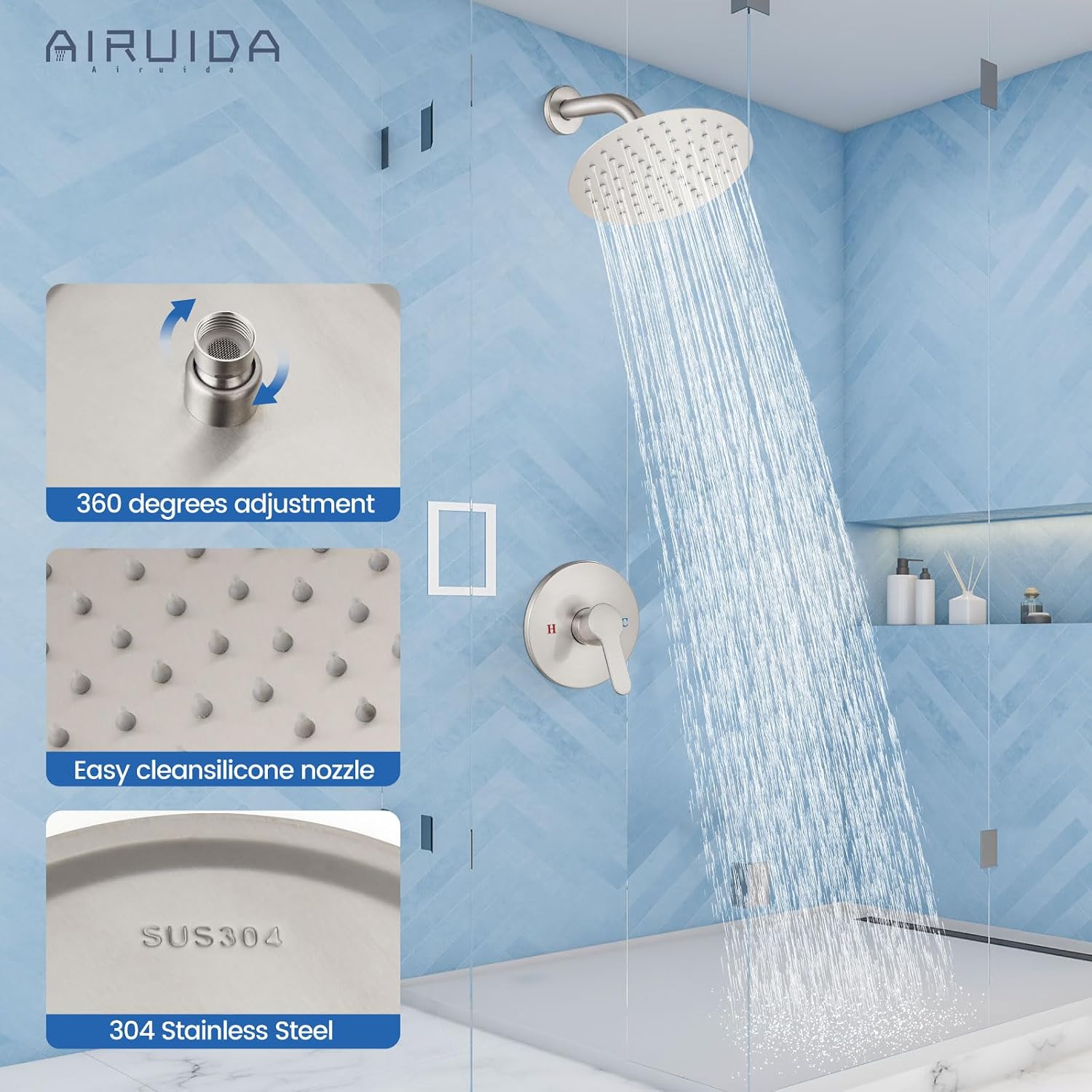 Airuida Shower Faucet Set,8 Inch Round Rainfall Shower Head,SUS304 Stainless Steel Single Handle Shower Trim Kit,Wall Mount Bathroom System with Male Threads Valve Brushed Nickel