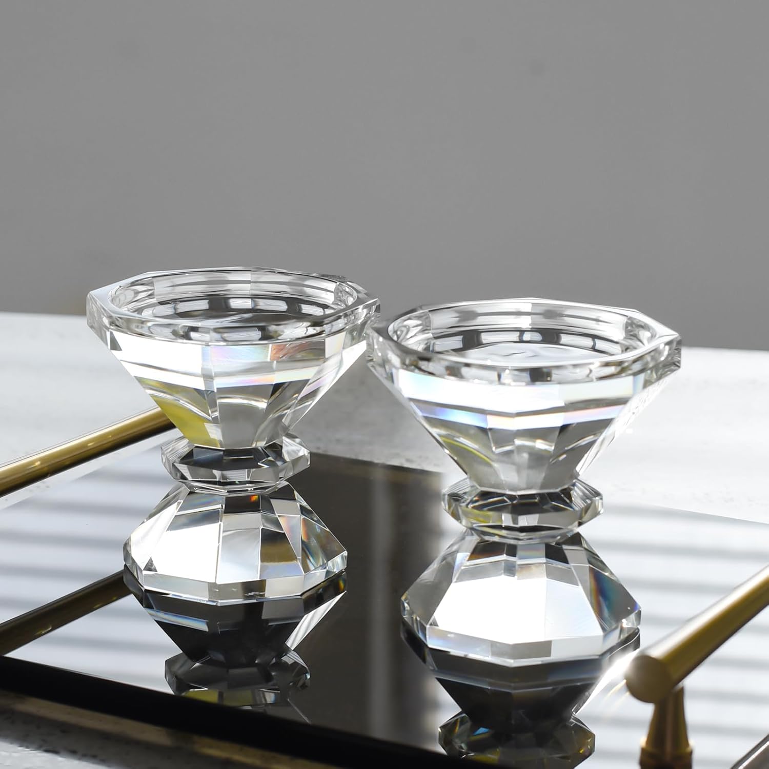 Crystal Candle Holders, Pillar Candlestick Set of 2, Modern Elegant Tall Crystal Candlesticks for Wedding Centerpieces, Christmas, Dining Table, Home, Party Decor