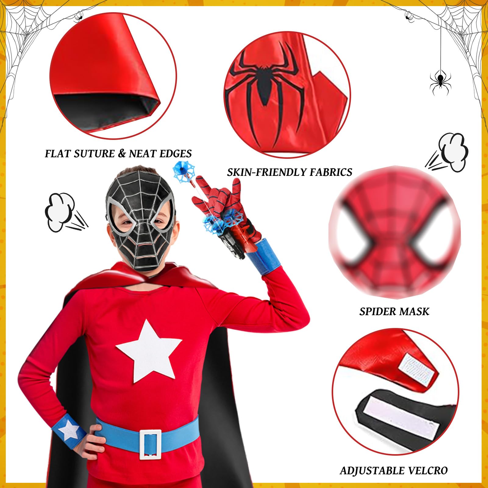 Set di 2 Spiderm Guanti per Bambino, Launcher Glove Guanti Launcher per Giochi con Mantello del Ragno, Spiderm Maschera e Tatuaggi, Spiderm Web Launcher Toy, Giocattolo Educativo per Bambini (A)