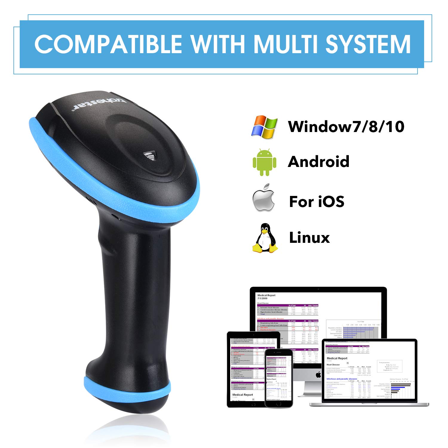 Trohestar Bluetooth Barcode Scanner with USB Cradle, Compatible with