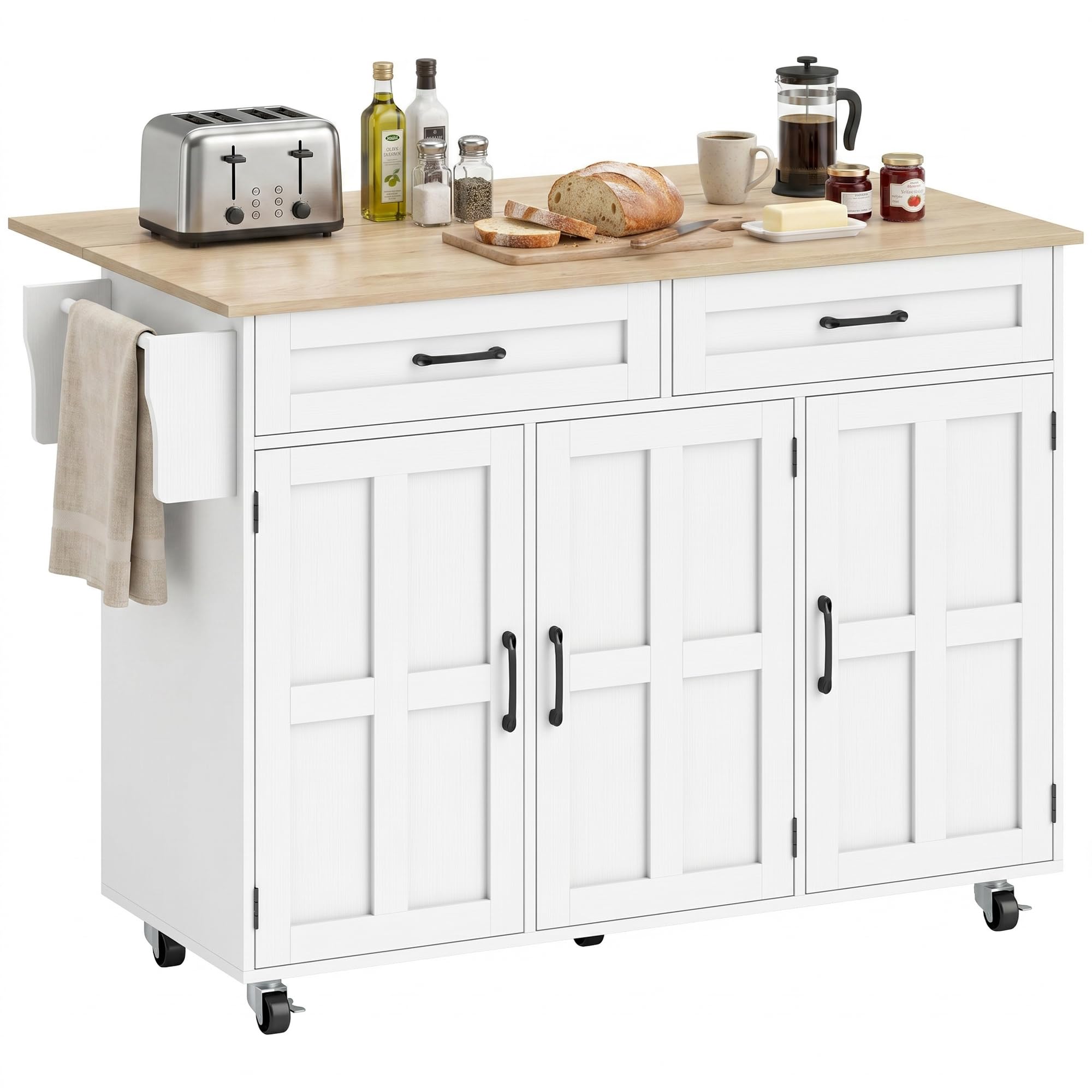HOMCOM Isla de Cocina con Encimera Extensible, para Comedor, Blanco | Carro de Cocina con Ruedas, 2 Cajones, 3 Armarios, Estantes en la Puerta, Toallero, Estantes Ajustables