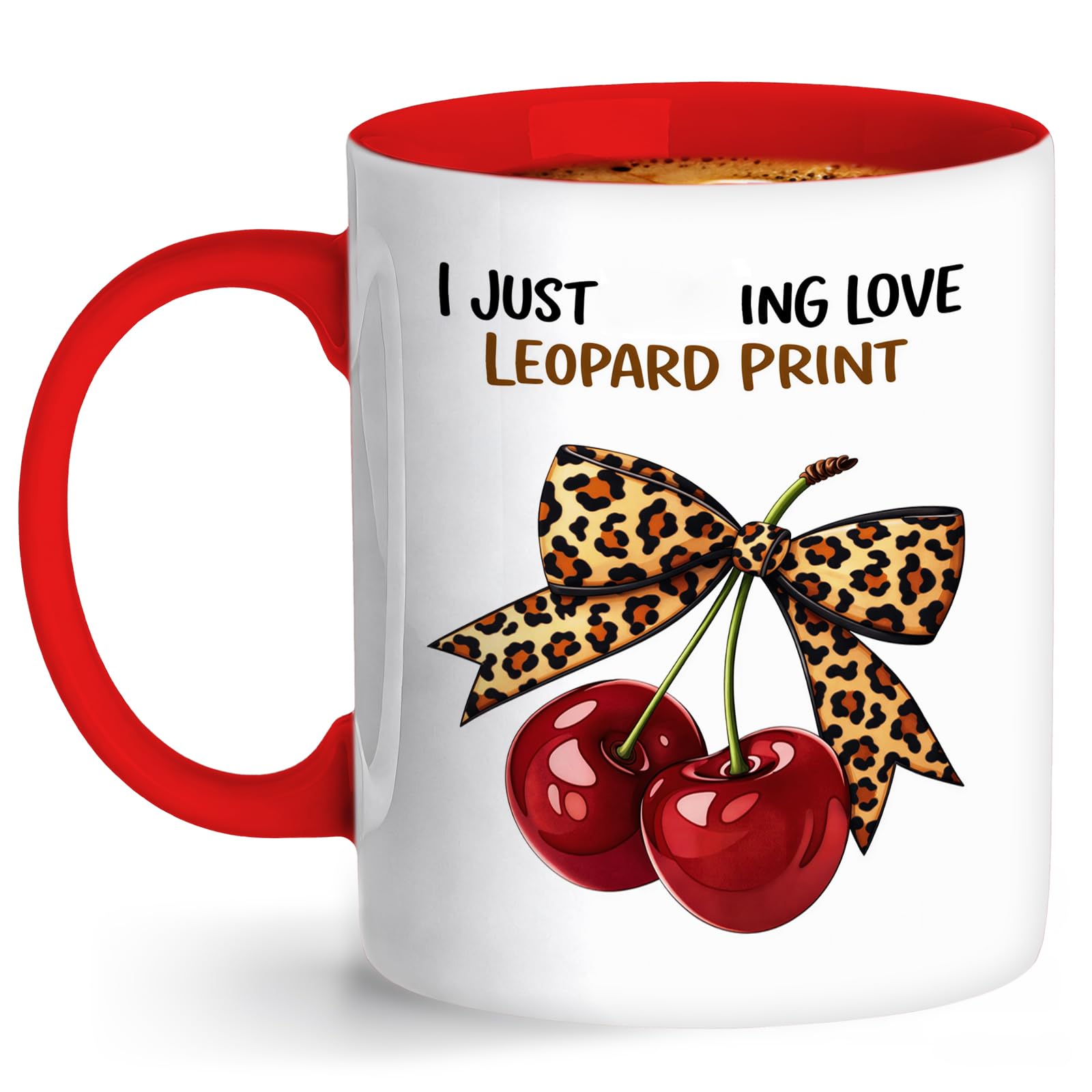 Leopard Print Coffee Mug Cup, I Just Love Leopard Print Coffee Mug, Stylish 11oz Ceramic Mug, Red Handle Dragon Mug Tea Cups, Leopard Gifts for Women Men
