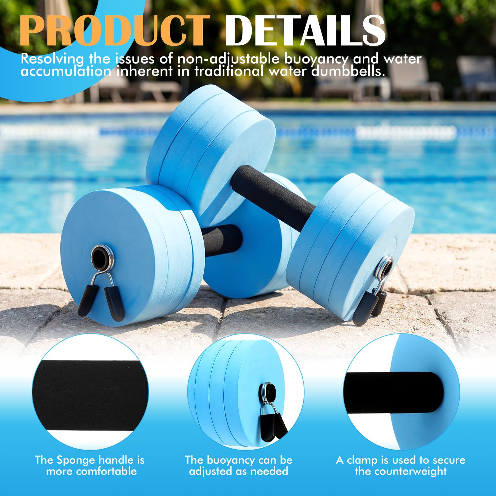 Thenshop Lot d'haltères en mousse pour exercices aquatiques, 1 paire d'haltères bleus pour piscine avec 8 disques en mousse EVA et 4 clips de verrouillage, barres de fitness réglables pour piscine et