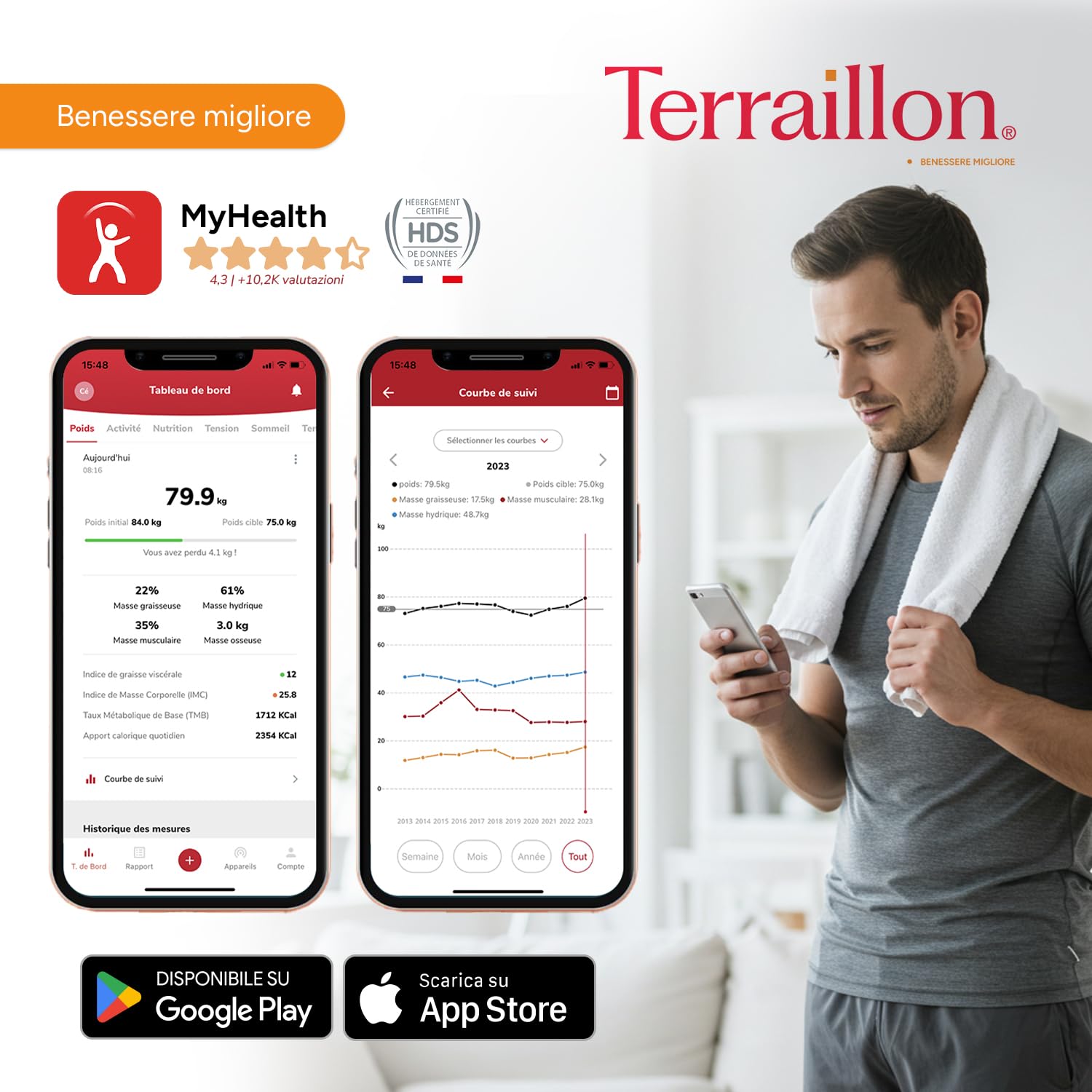 TERRAILLON - WEIGHT CONNECT - Bilancia Intelligente Bluetooth, analisi delle masse grassa, muscolare, idrica e ossea, BMI, capacità 180 kg, gradazione 50 g, schermo LED, vassoio vetro, nero