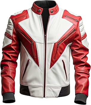 Men's Red and White Sheepskin Leather Racer Jacket – Stand
