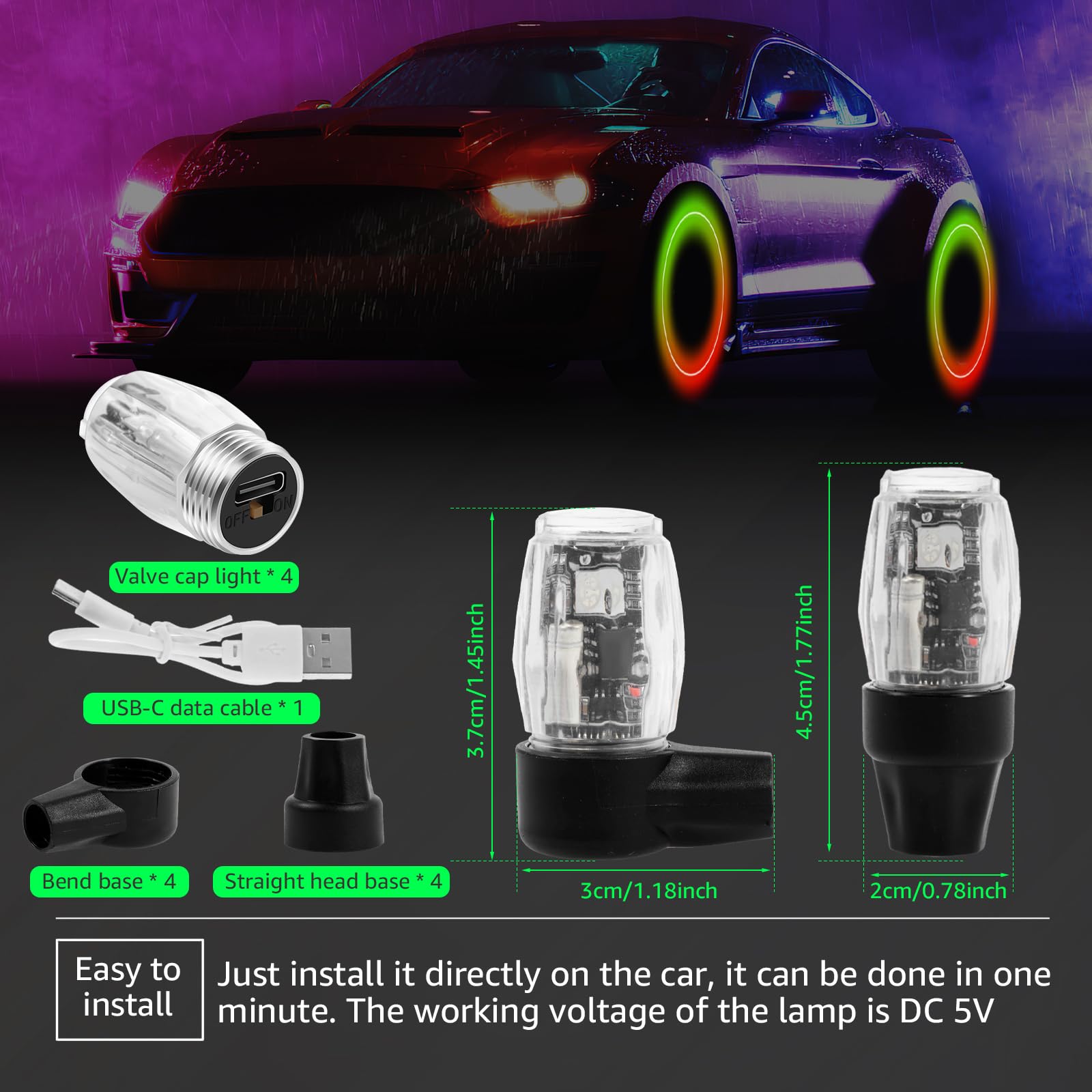 Lot De 2 Bouchons De Valve LED Rechargeables USB-C - Activation Par Vibration, étanches, Pour Voiture, Vélo, Moto - 10