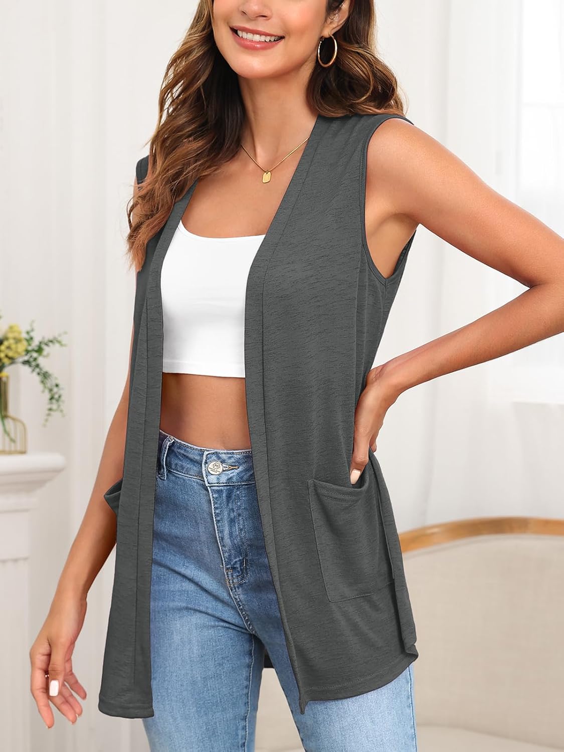 Summer Vest for Women Lightweight Fashion Casual Soft Knit Sleeveless Cardigan Curved Hem with Cozy Pockets (S-3XL) - Image 3