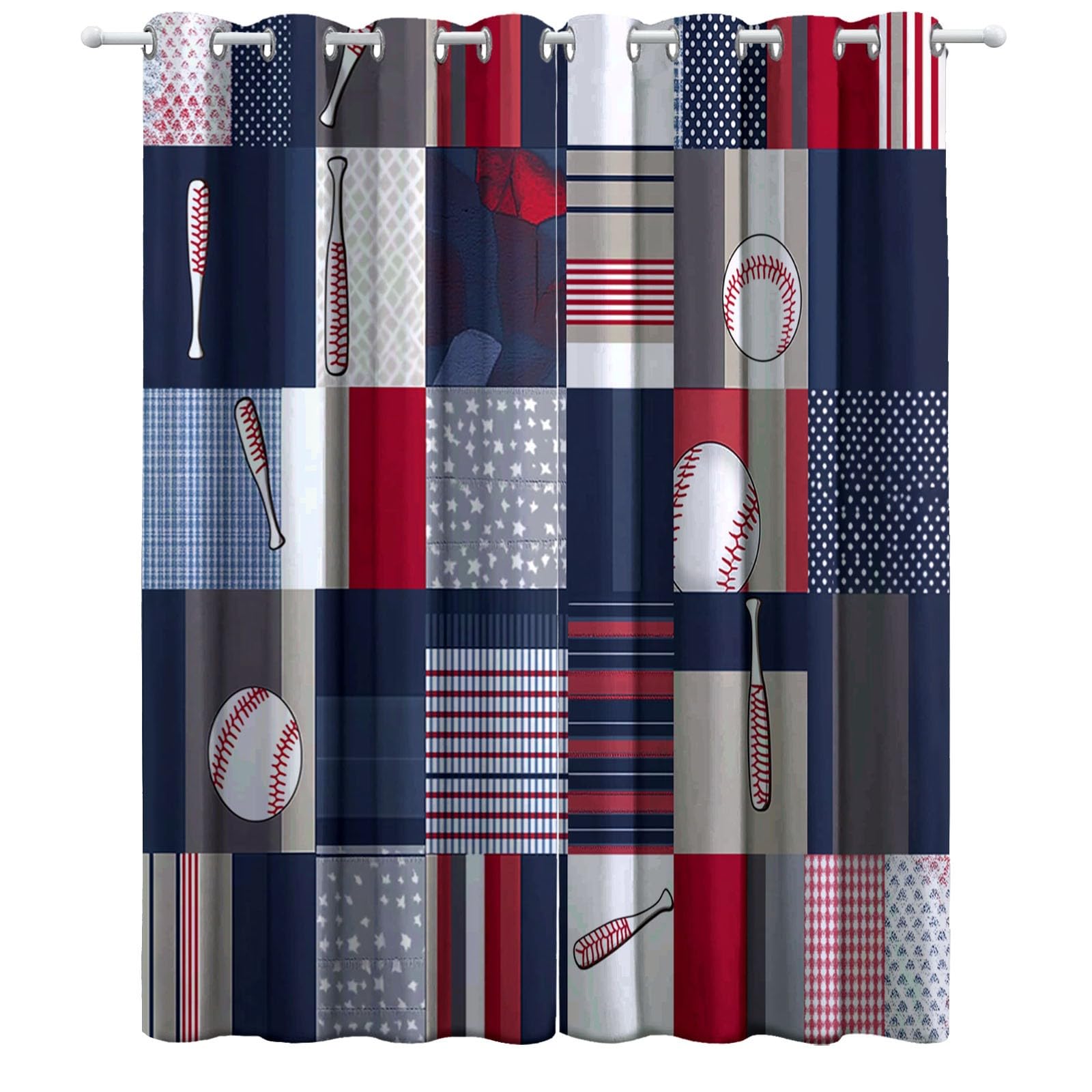 Generisch Blickdicht Vorhang Ösenschal Verdunkelungsvorhang 3D Patchworkmuster Baseball-Thema Gardinen Kinderzimmer Wohnzimmer Thermovorhang Polyester Vorhänge H215 x B110 cm 2Er Set