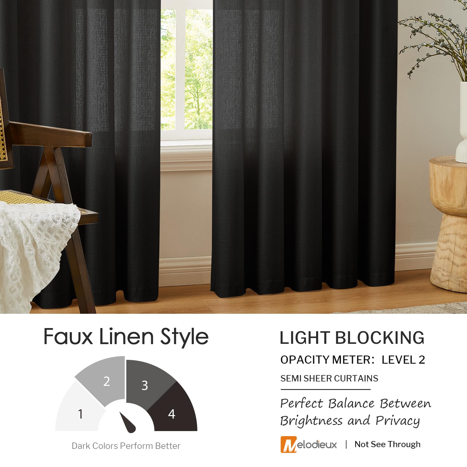 Melodieux Black Semi Sheer Curtains 84 Inches Long for Living Room Bedroom Flax Linen Grommet Voile Drapes, 52 by 84 Inch (2 Panels) - Image 4