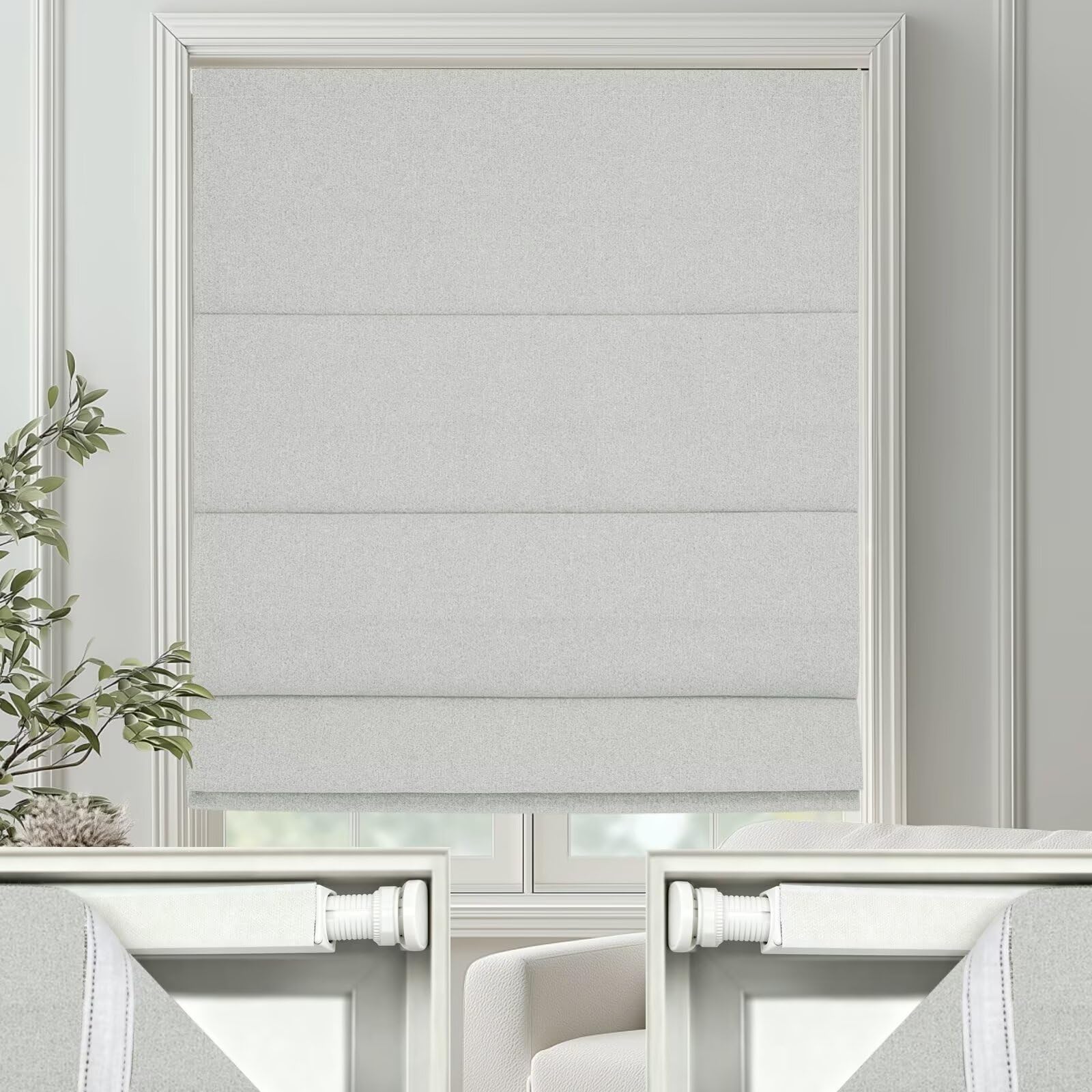 No Drill Roman Shades Cordless Blinds Blackout for Indoor Windows, Room Darkening Black Out Tension Rod No Hardware No Tools Inside Mount,Shade Size 29 Inch Wide 50 Inch High,Light Grey