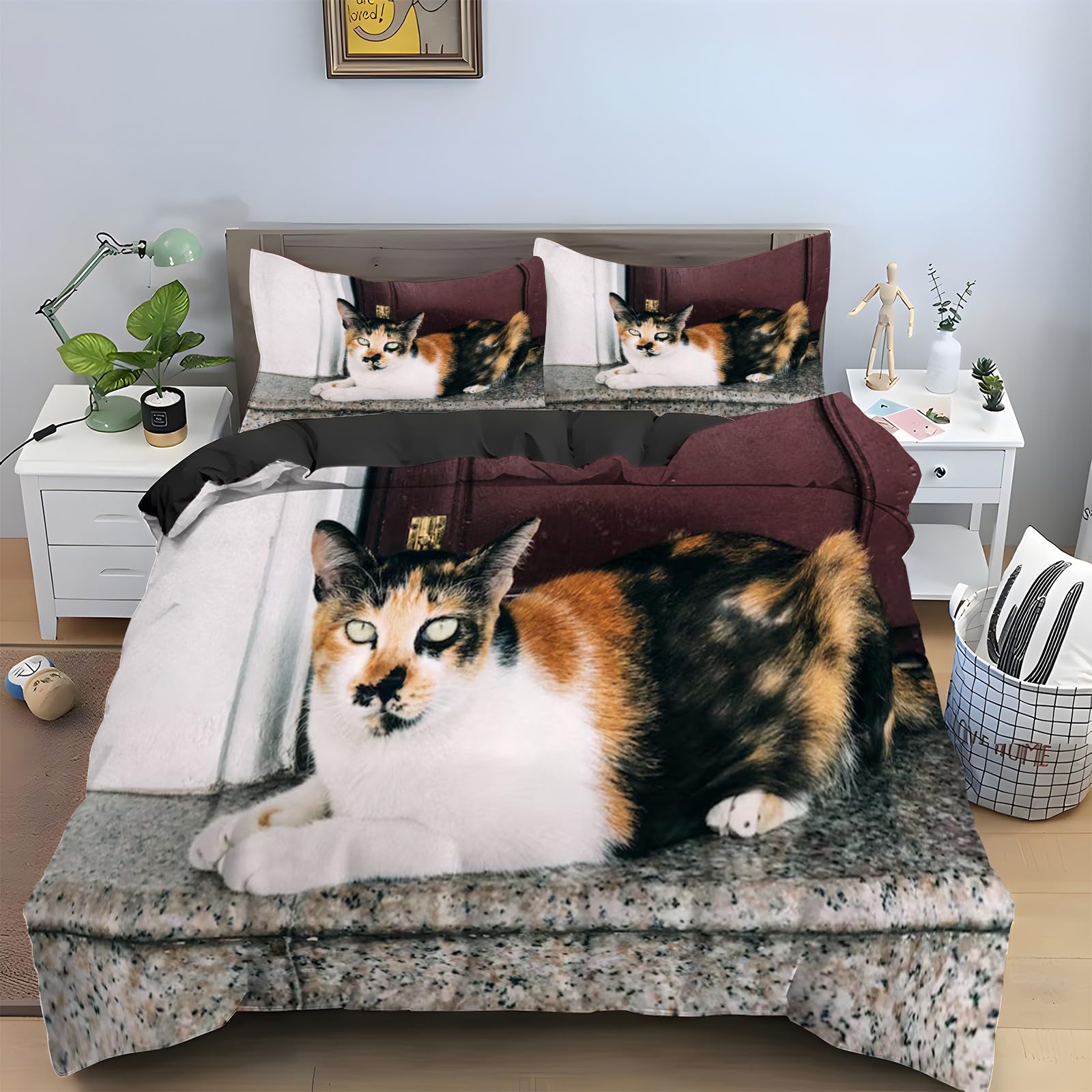 Housse de couette 240x260 chat calicolore avec 2 taies d'oreiller pour lit 2 personnes