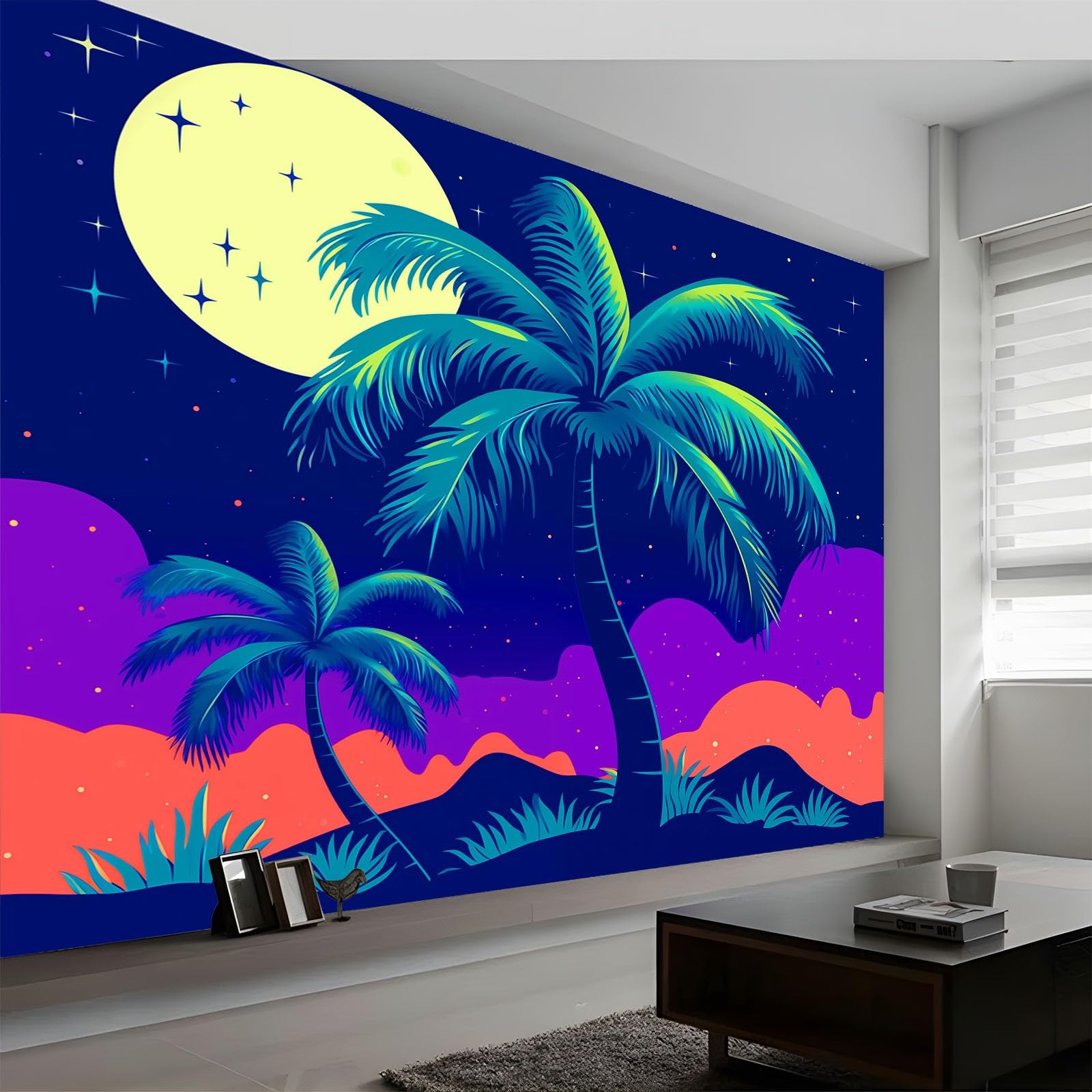 Fantasy Art Wall Mural 450 x 280 cm Photo Wallpaper, Tropical Palm Trees Mountains Night Sky Non-Woven Wall Mural Poster Modern Design for Living Room Bedroom Children's Room Corridor Decoration