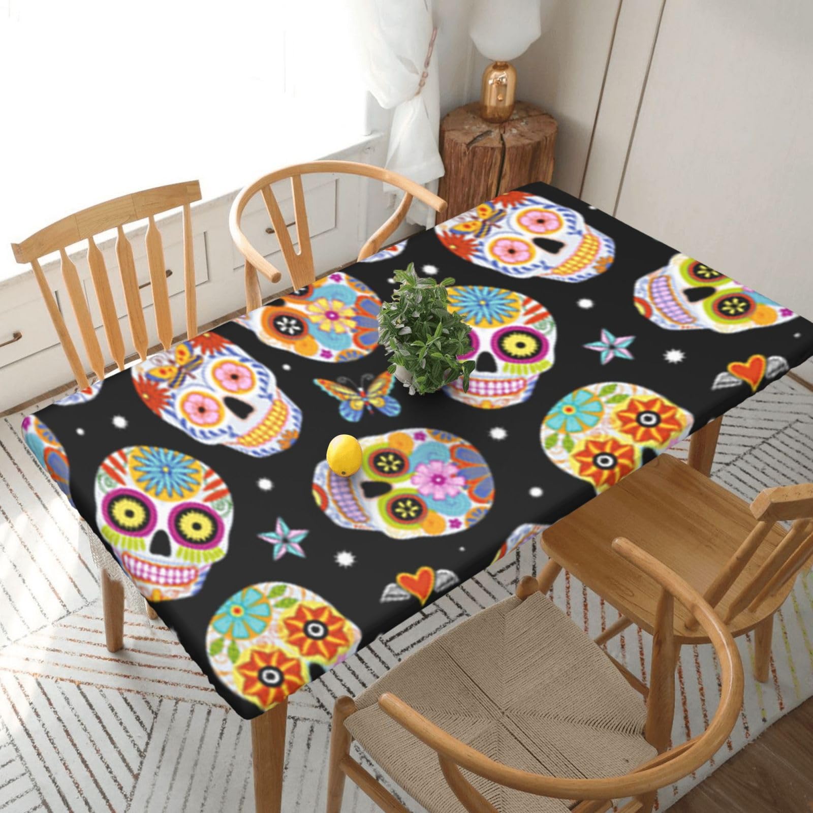 DCEHGEW Elastic Fitted Rectangle Tablecloth for 5ft Tables, sugar skulls butterfly Printed Oilproof & Washable Fabric Picnic Table Cloth Table Covers