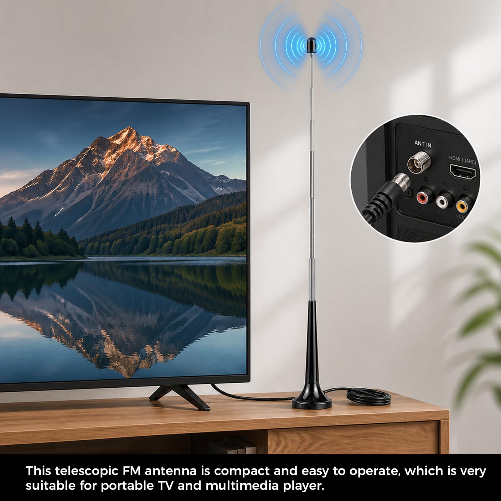 Antenne TV Intérieur Puissante, Antenne Radio FM Dab Intérieur Télescopique avec Base Magnétique, Câble 3m pour Récepteurs Stéréo 75 Ohm Chaine HiFi Tuner FM Poste Radio, Plug and Play