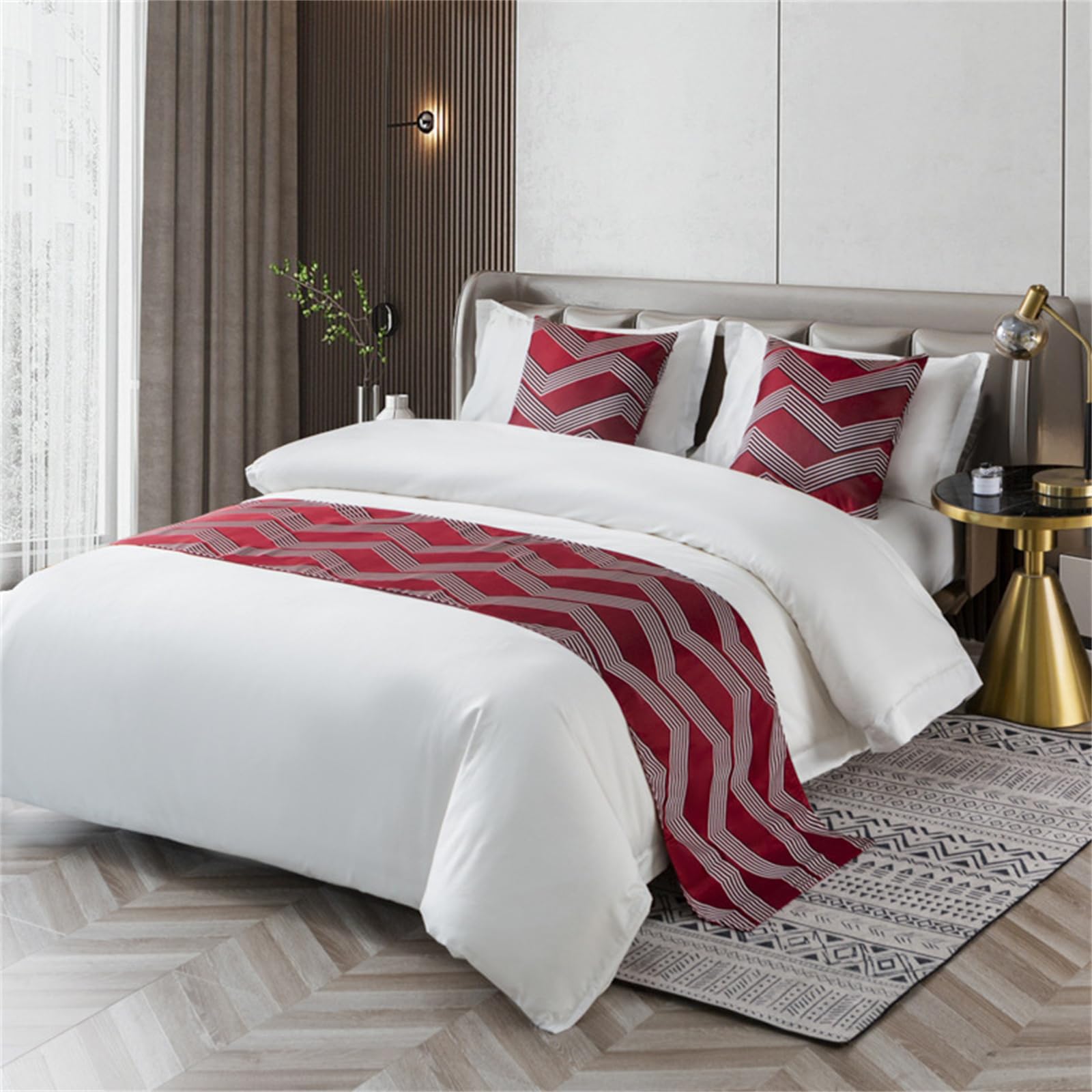 Lussuoso set di runner da letto e cuscino, morbida sciarpa da letto per decorazione della camera da letto, perfetto per pensioni o camera da letto dell'hotel (moda bordeaux, 50 x 260 + 50 x 50 cm)