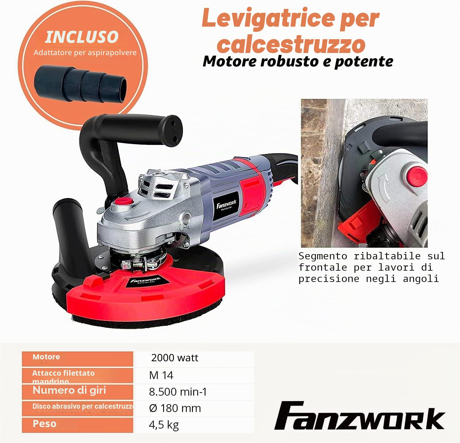 FANZWORK - Smerigliatrice per calcestruzzo, set con mola diamantata e cappa di aspirazione (2000 W/180 mm)