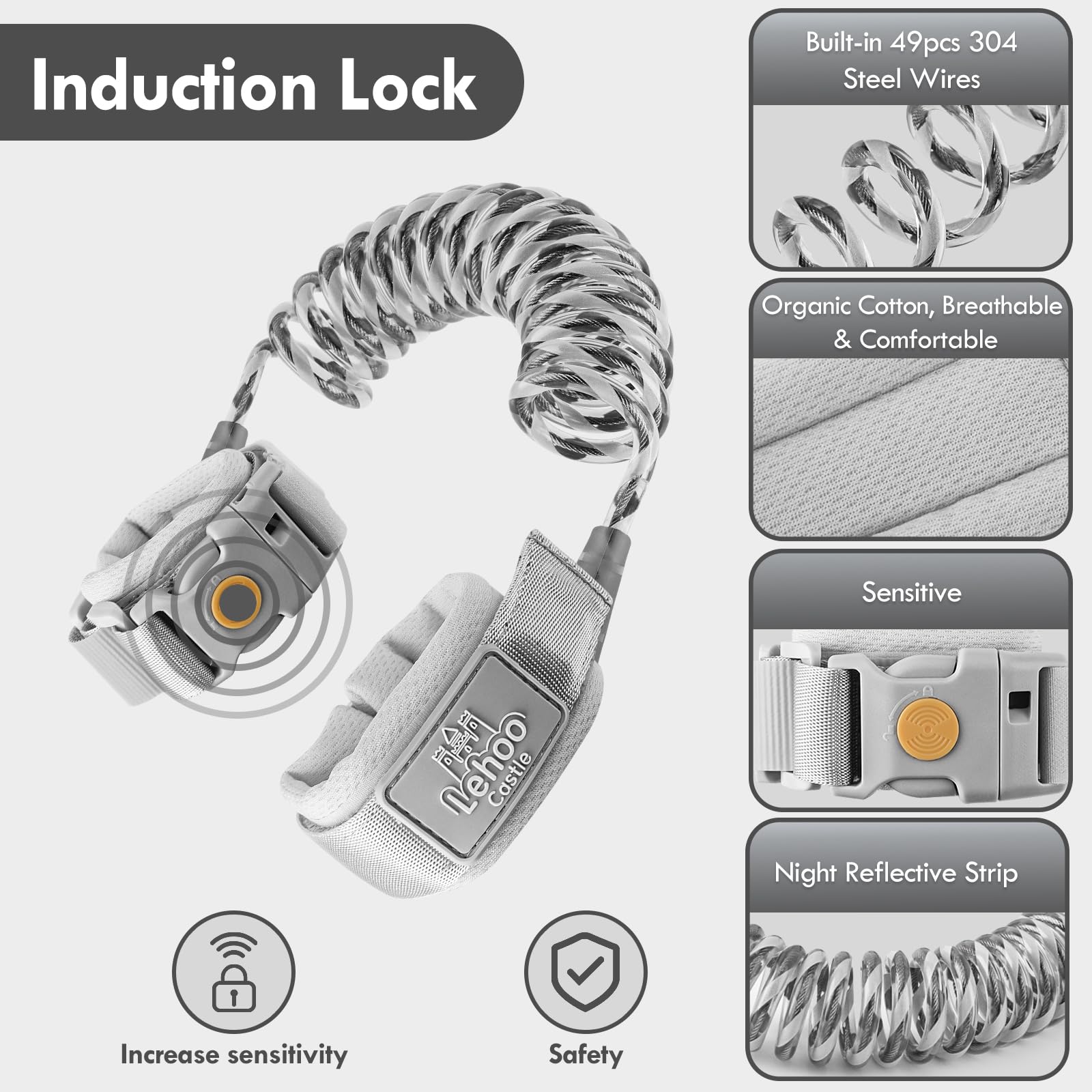 Lehoo Castle Anti Perdu Poignet Ceinture, Réglable Serrure à induction magnétique Laisse Enfant, 1.5M Harnais de Sécurité pour Enfant, Fonction de Fluorescence, Bébé Marcheur Bracelet(Gris)