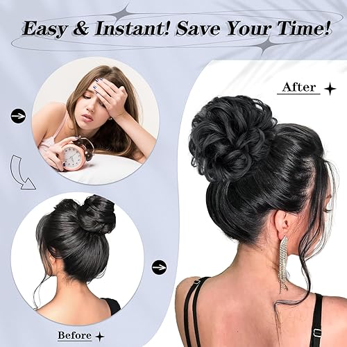 Miniatura 3 de Pieza de pelo para moño con garra para mujer, cabello con clip, aspecto natural, ondulado, rizado, peineta sintética para mujer (1 garra, negro)