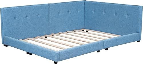 Miniatura 30 de SOFTSEA Marco de sofá cama simple para sala de estar, sofá cama tapizado de tamaño matrimonial con colchón de funda de lino, respaldo y Beige,Beige