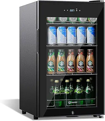17 Inch Freestanding Beverage Refrigerator Cooler, 96 Cans Mini Fridge with Glass Door, Removable Shelves for Soda, Water, Beer or Wine, Small Drink Refrigerator for Home Office Bar