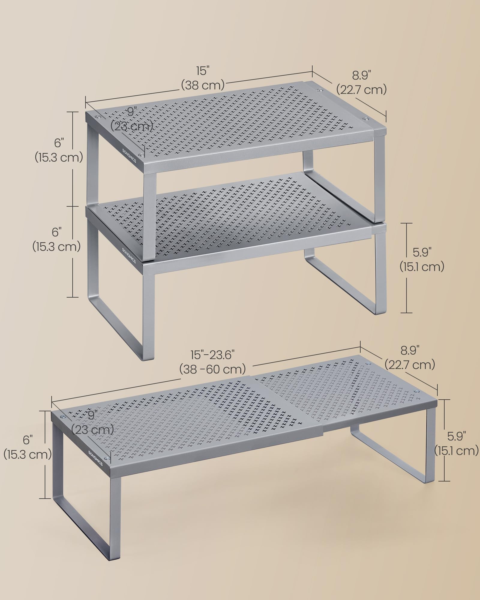 SONGMICS UKCS402FG01 Lot de 2 étagères à épices extensibles pour comptoir de cuisine, petits organiseurs de placard, étagères de table en métal, peu encombrantes, argent UKCS402FG01