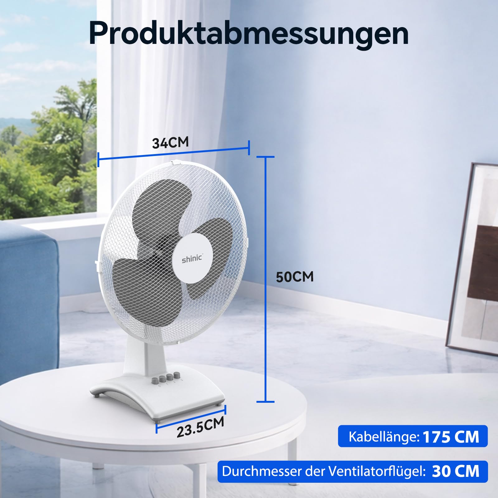 shinic Tischventilator 30 cm, 3 Geschwindigkeiten, Tischventilator sehr leise mit Oszillation, höhenverstellbar, 3 Flügel, tragbarer Ventilator Tisch für Kühlung im Schlafzimmer & Büro, weiß