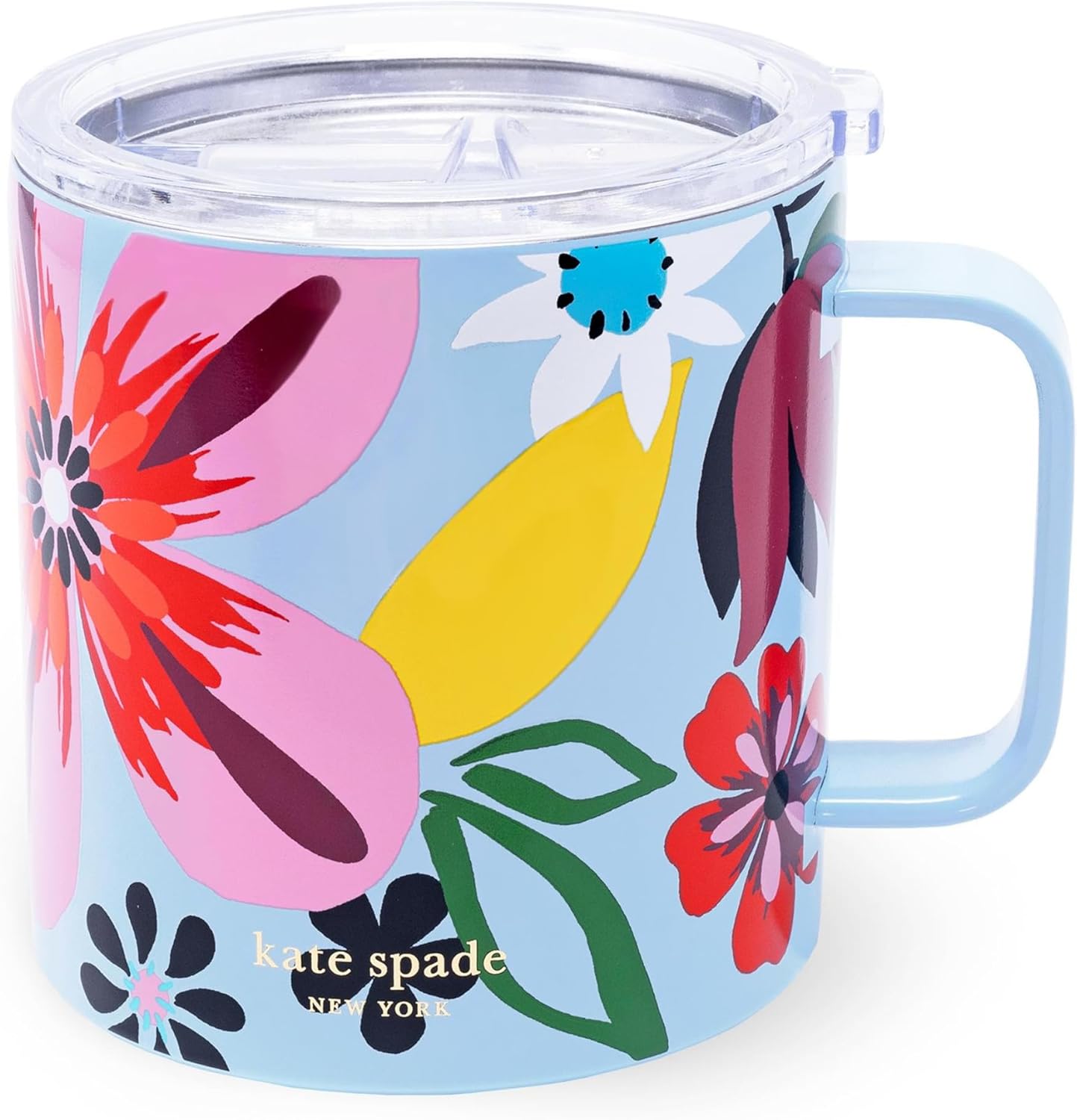 kate spade new york Stainless Steel Insulated Mug with Handle and Lid, 16 Ounce Double Wall Tumbler, Reusable Coffee Travel Mug for Hot and Cold Drinks (Safari Floral)
