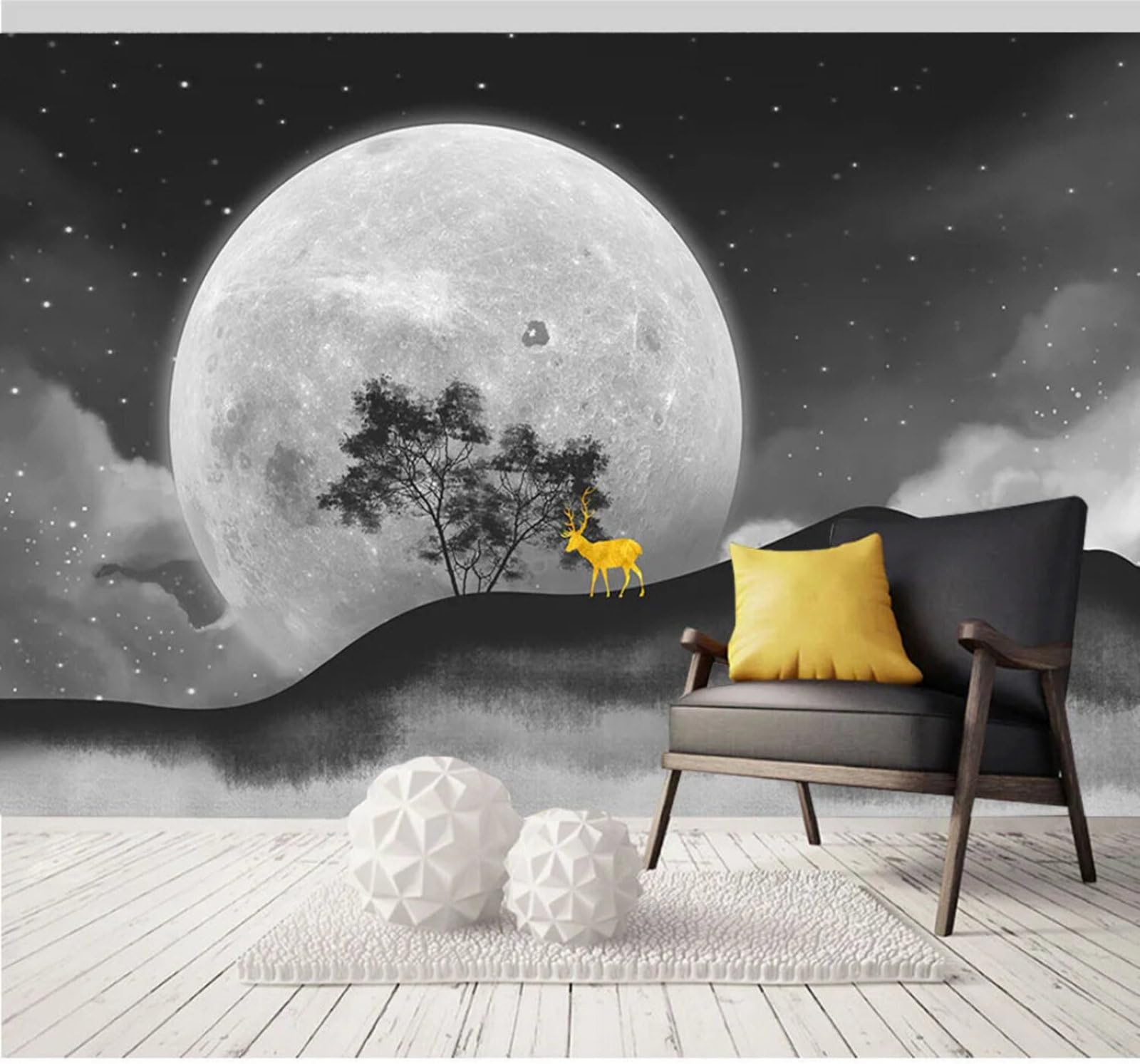 Wallpaper-3D-Xlm 350Cm×256Cm(B×H) Reindeer Sky Trees Moon Nature 3D Wallpaper Easy Install Feature Office Living Room Sofa Bedroom Tv Background Wall Decoration-350Cm×256Cm