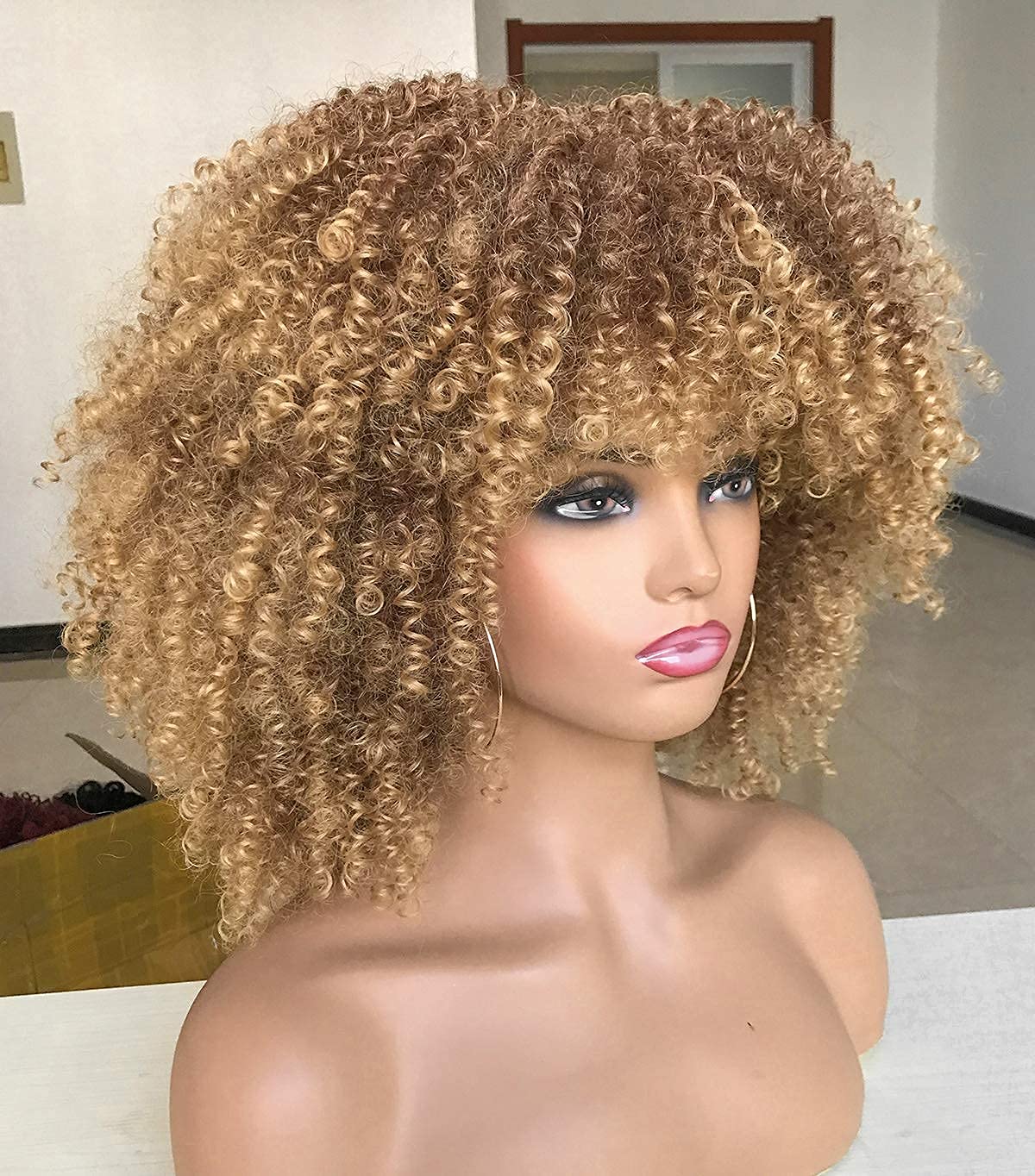 Curly Afro Synthetic Wig for Black Women, Short Kinky Curls with Bangs