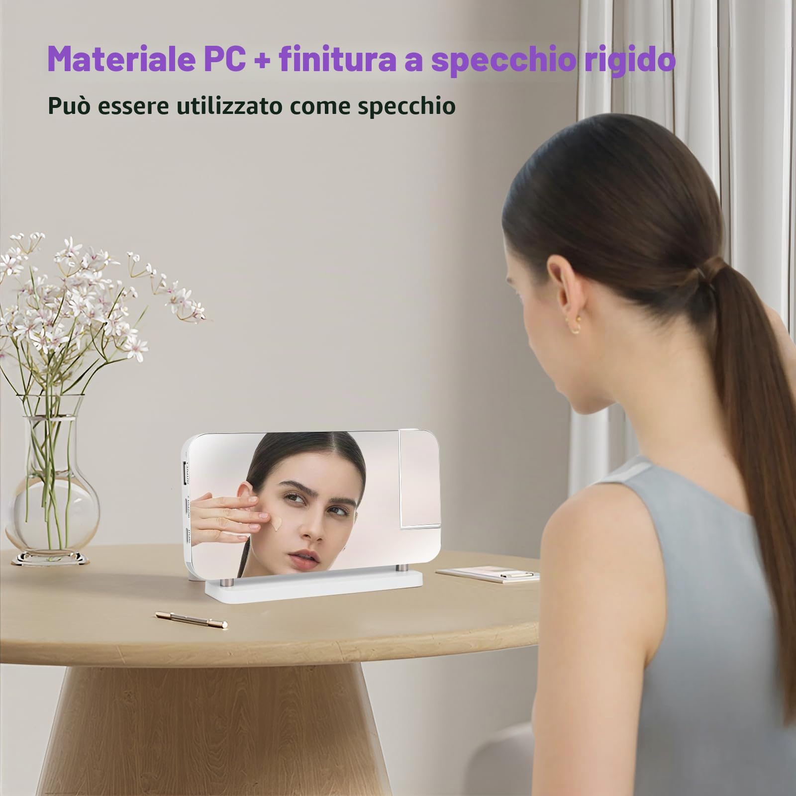 Euakee Sveglia Digitale, Sveglia con Proiezione, Orologio a Specchio LED da 7,4”, Luce Notturna a 10 Colori, Proiettore Ruotabile di 180°, Caricatore USB-C per Bambini Cameretta (Bianco)