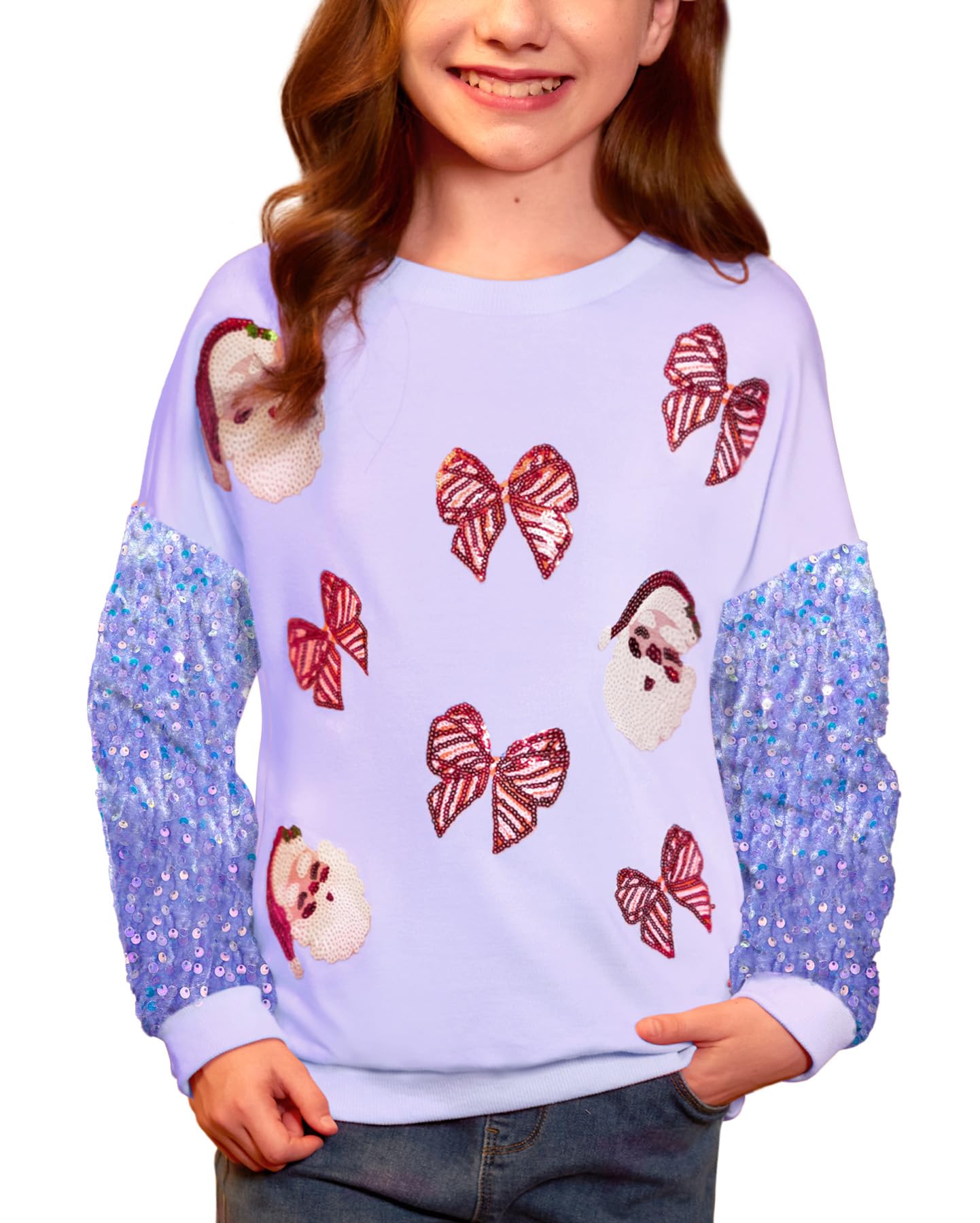 Girls Christmas Sequin Patchwork Sweatshirt Holiday Funny Shirt 6-14 Years
