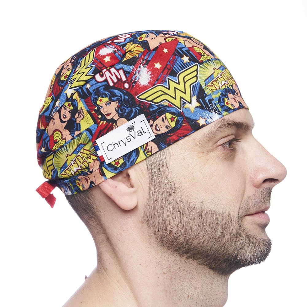 Calot Court BD Wonder Woman - Bonnet Chirurgical Ou Calot Cuisine Unisexe 100% Coton Oeko-Tex - Réglable Avec Attaches - Made In France