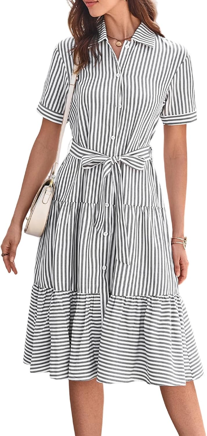 BROVAVE Summer Midi Dress for Women: Striped Button Down Casual Clothing - Collared Flowy Classy Short Sleeve Dresses