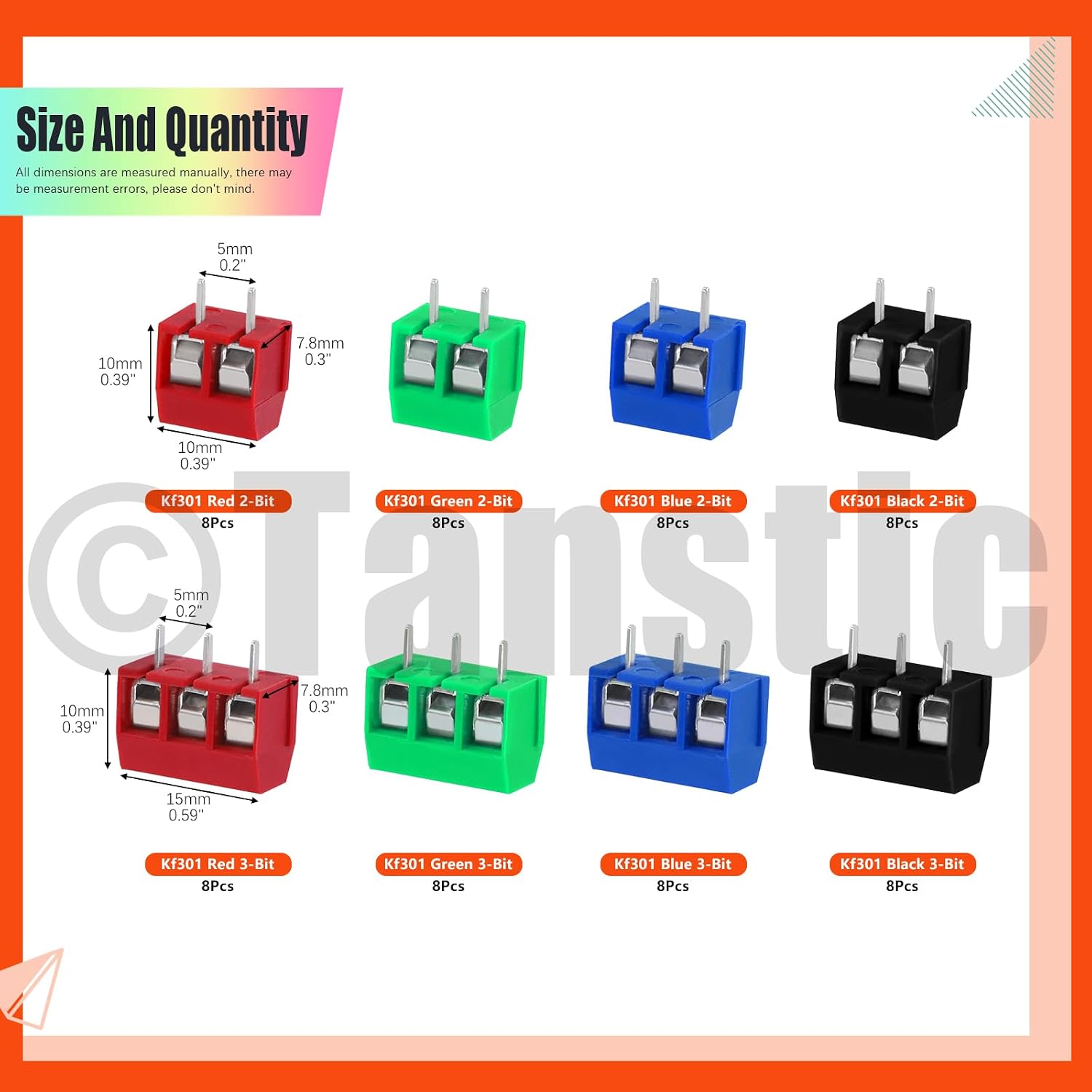 Tanstic 64Pcs 2 Pin 3 Pin 5mm/0.2" Pitch 4 Colors PCB Mount Screw Terminal Block, Blue, Green, Red, Black Spliced Screw Terminals Block Connector Assortment Kit