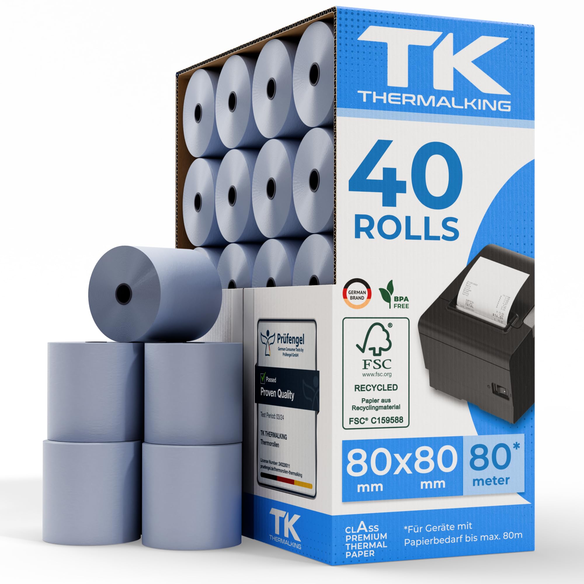 THERMALKING - ÖKO - Thermorollen 80mm x 80m x 12mm [für Bondrucker wie Epson, IBM & co.] - Bonrollen 80x80x12 Thermo - Thermopapier - Geeignet für Drucksysteme mit Papierbedarf bis 80m (40 Stk)