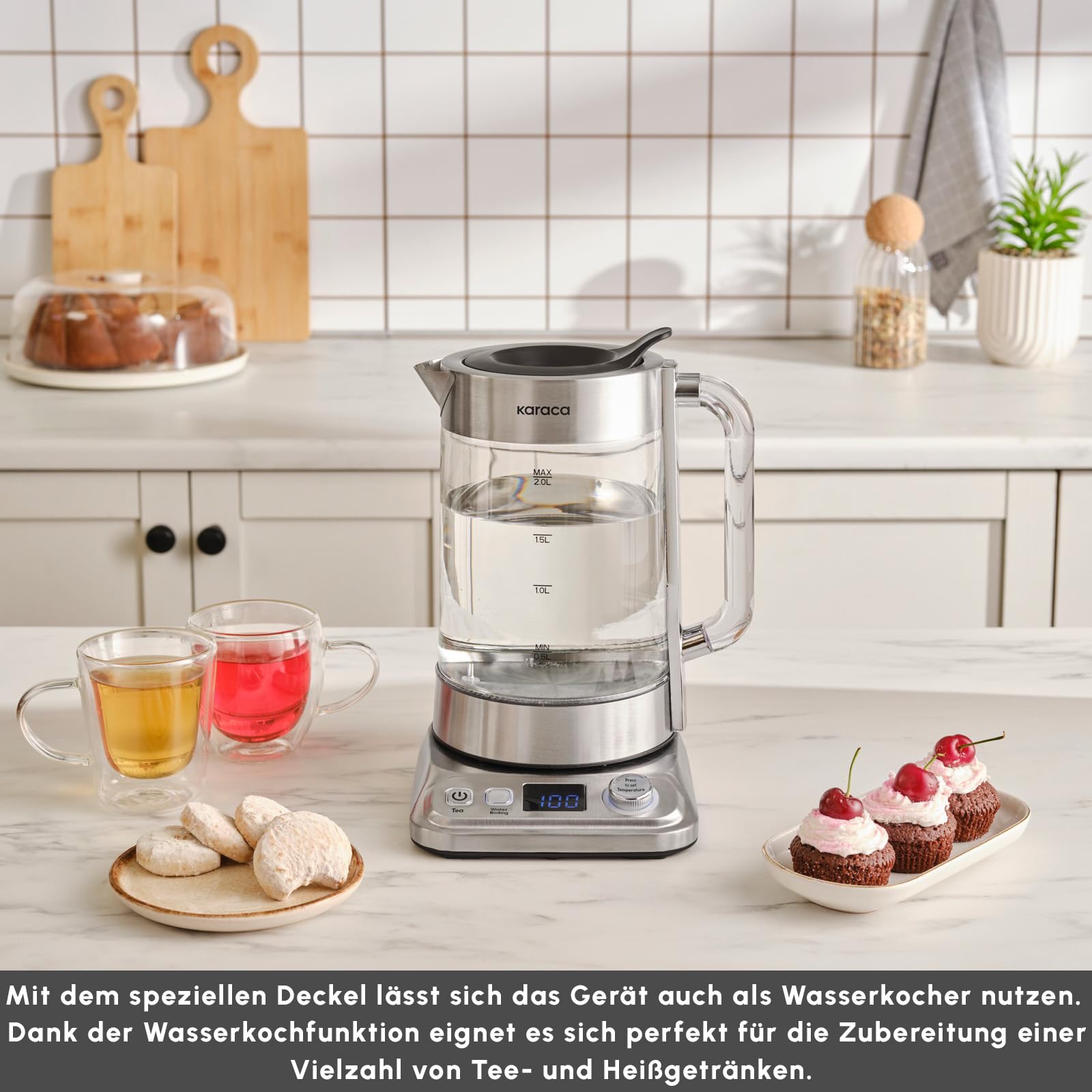 Karaca X Refika XL Tetera automática & Caydanlik, hervidor de agua de 2 L y tetera de cristal de 0,8 l, multitemperatura, modo ecológico, 2200 W, tetera para familia e invitados, cromo