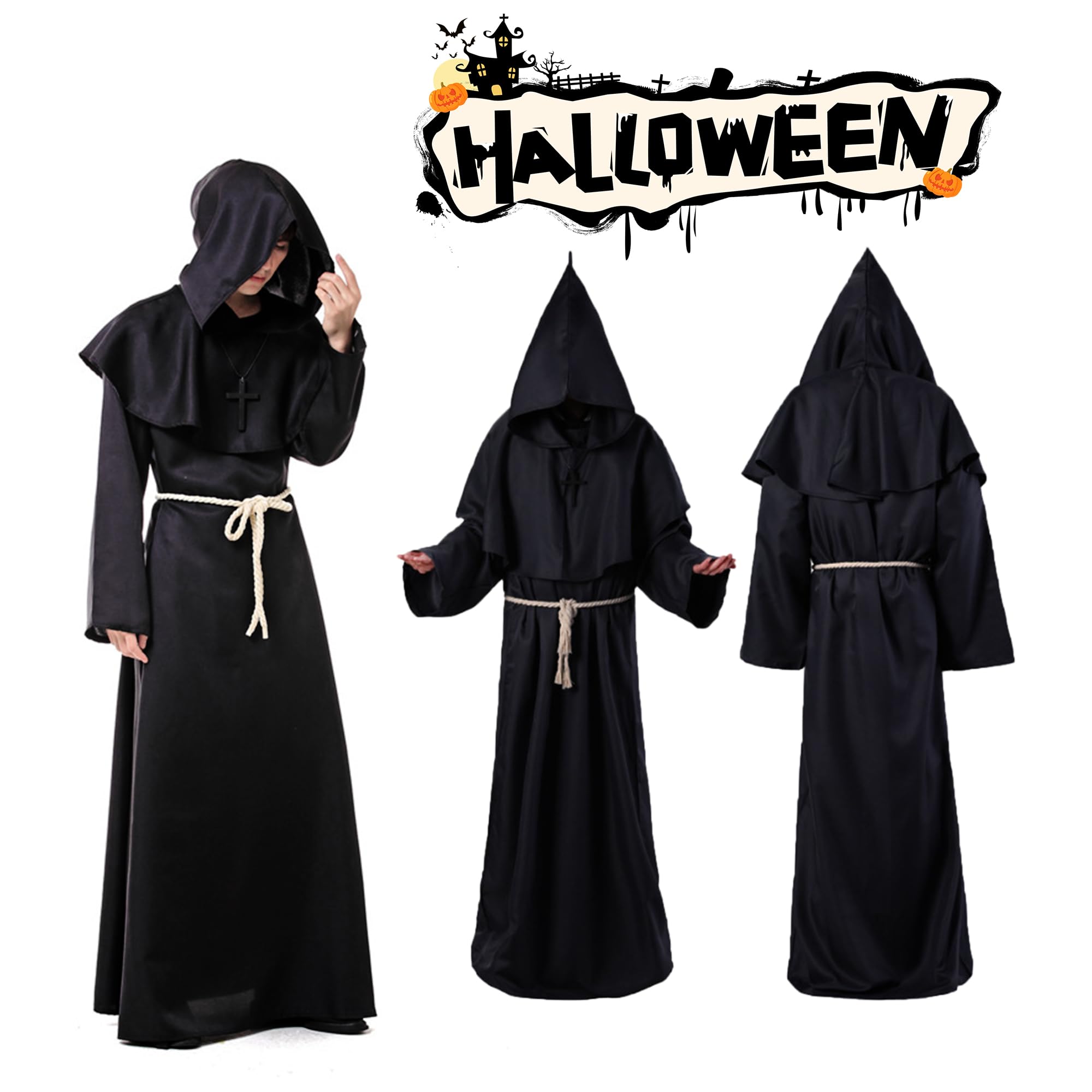 Monk Costume with Hooded Cross, Halloween Costumes Men, Medieval Costume Men, Men's Cosplay Hooded Monk robe, Monk's Cowl Costume for Halloween Medieval Renaissance (Black, L) - Image 2