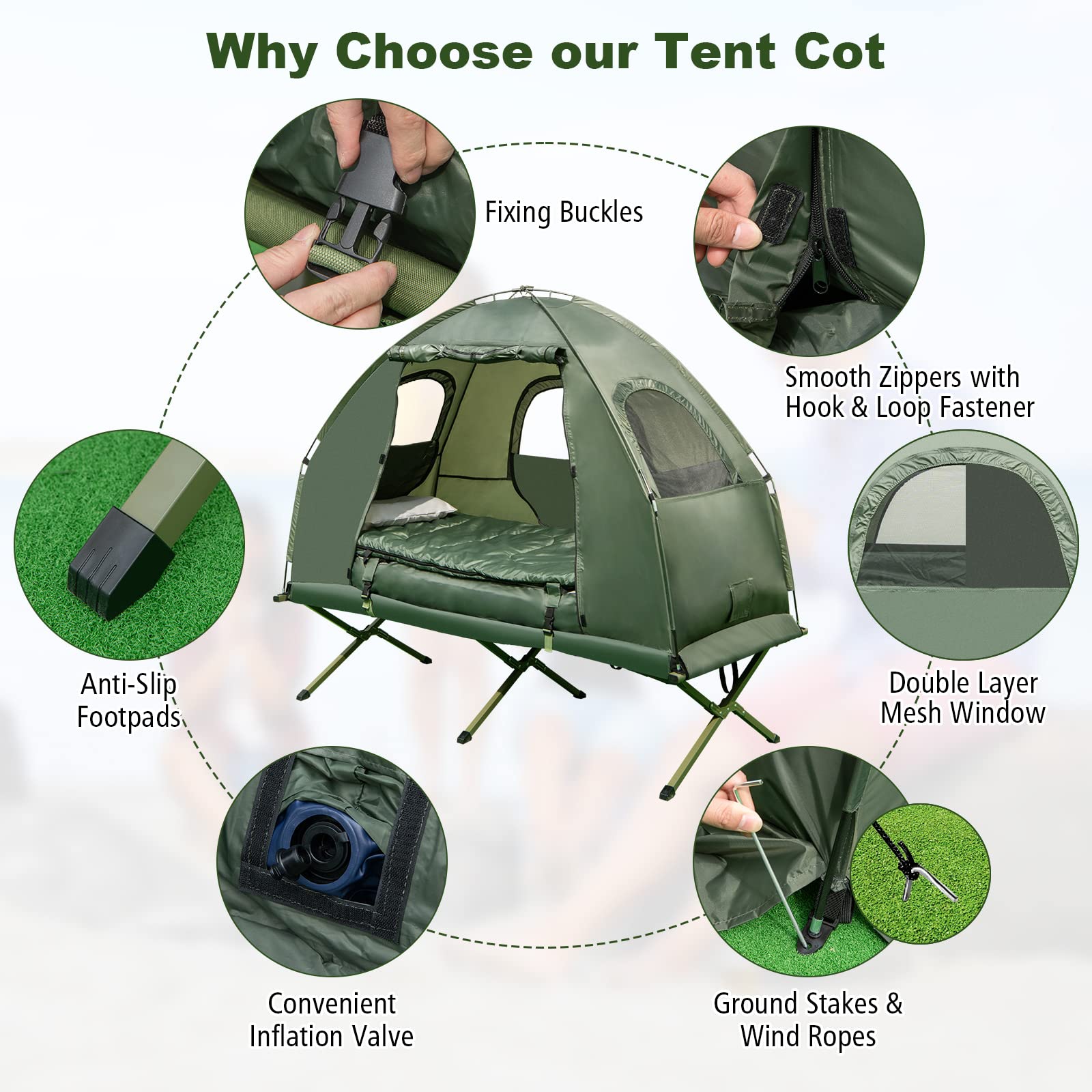 HOMASIS Campaña de Camping con Tienda, Cama de Camping con toldo, Colchón de Aire, Saco de Dormir y Almohada, Tumbona de Camping con Bolsa de Transporte para 1/2 Persona, Verde