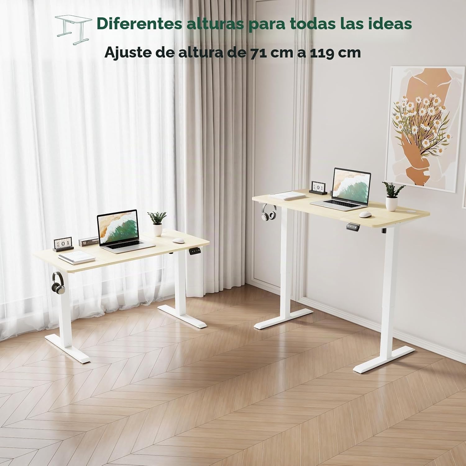 Two desks shown at different heights, illustrating the 71cm to 119cm adjustment range.