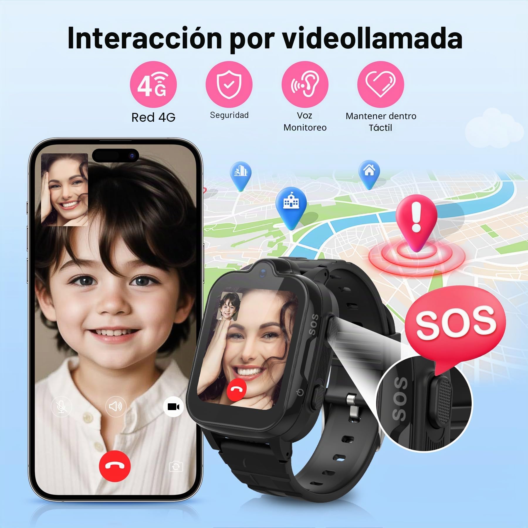 Reloj inteligente 4G GPS y teléfono, IP67 resistente al agua, llamadas, WiFi, videollamada, SOS, despertador, para niños 3-12 años, negro