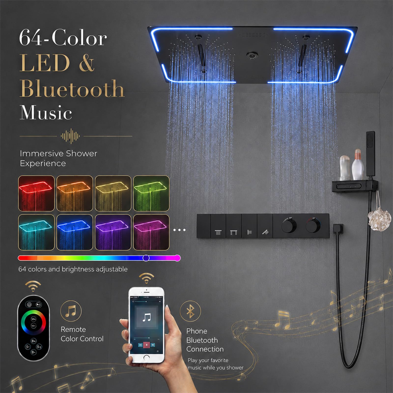 Unterputz Duschsystem mit Thermostat, 700 x 350 mm Deckenmontage Duschset mit 3 Strahl, LED Bluetooth Musik Duscharmatur Set für Bad mit 2 Funktionen Auslauf und Handbrause
