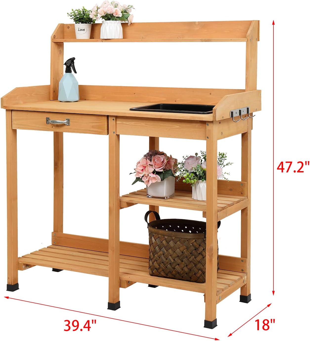 Outdoor Garden Potting Bench Table Wooden Work Station Natural Wood Workbench Backyard Workstation Patio Furniture Tabletop Removable Sink Drawer Rack Shelves with Open Storage Shelf and Hook