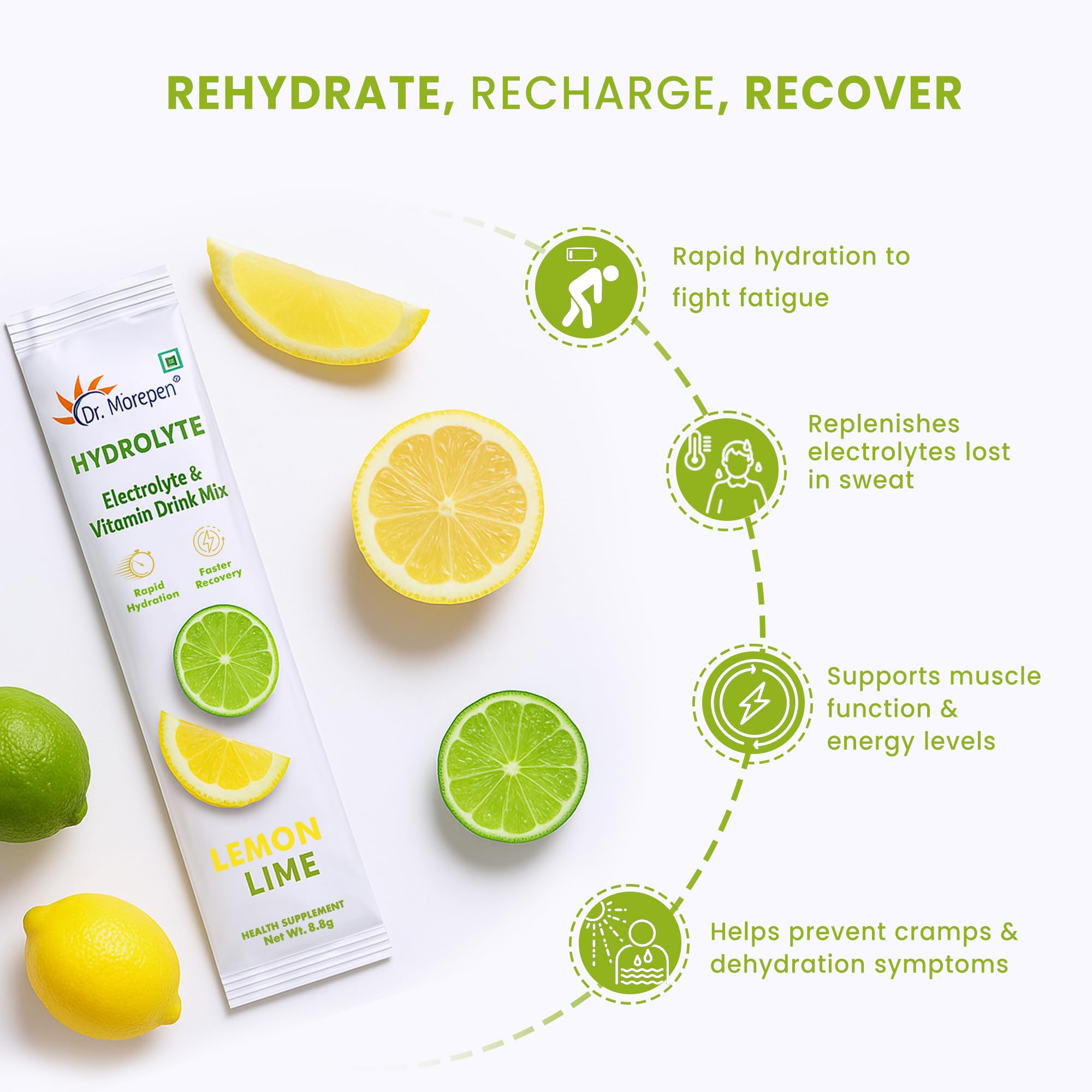 Dr. Morepen Hydrolyte Electrolyte & Vitamin Drink Mix for Rapid Hydration & Faster Recovery, Lemon Lime Flavour – 10 Sachets (8.8g Each) — Amazon image 2