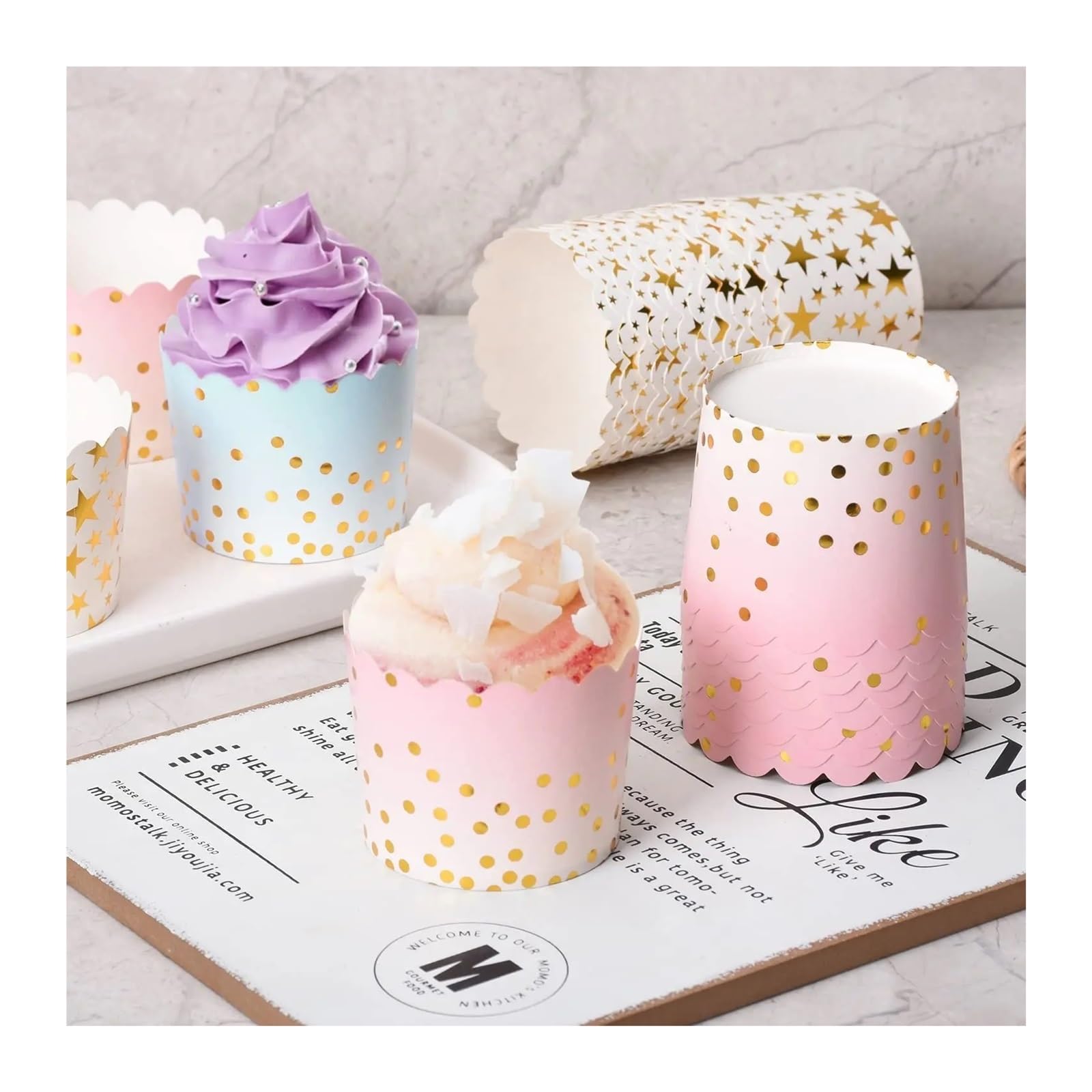 Moldes para tartas, vasos de papel para cupcakes, paquete de 100, multicolor, para hornear magdalenas y cupcakes, resistentes a la grasa y resistentes, perfectos para fiestas y eventos