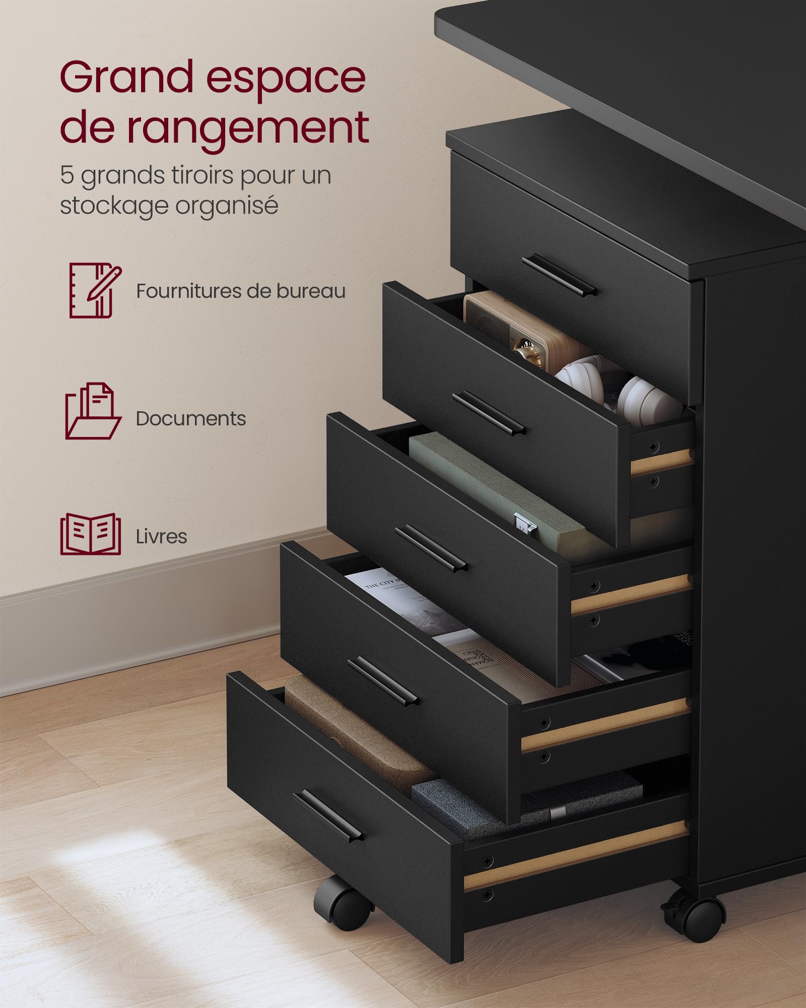 VASAGLE Caisson de Bureau à roulettes, Meuble de Rangement, Support pour Imprimante, avec 5 Tiroirs, Rails Coulissants, pour Bureau, Télétravail, Noir d'encre OFC081BC02
