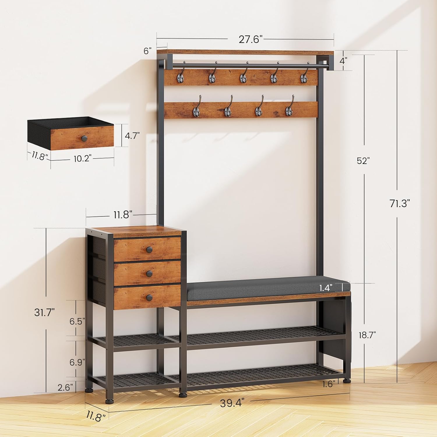 Itaar Coat Rack, Hall Tree with Bench and Shoe Storage, 7-in-1 Entryway Bench with Soft Cushion, Storage Bag, 3 Fabric Drawers(Rustic Brown)