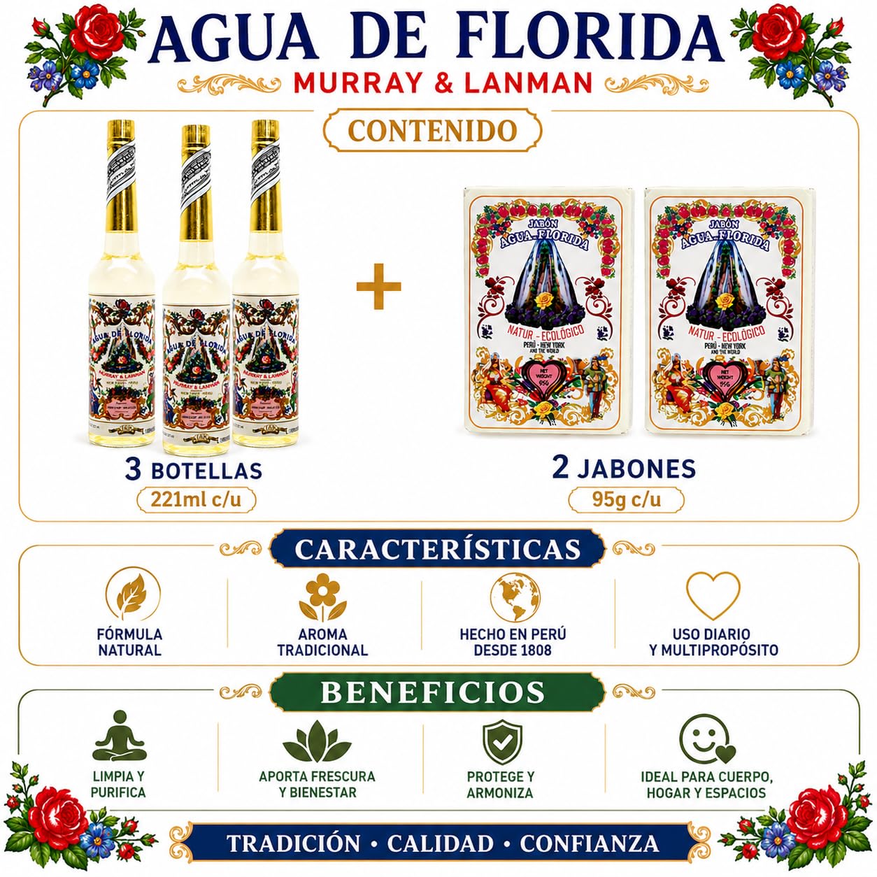Agua Florida Pack 3 Botellas de 270ml + 2 jabón 95g originario de Perú. Murray & LanMan. 810 ml Total. Amarilla Original de Perú