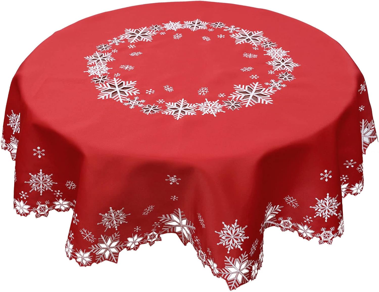 Simhomsen Embroidered Snowflakes Tablecloths for Christmas Holiday and Winter (Round 53 inches, Red)